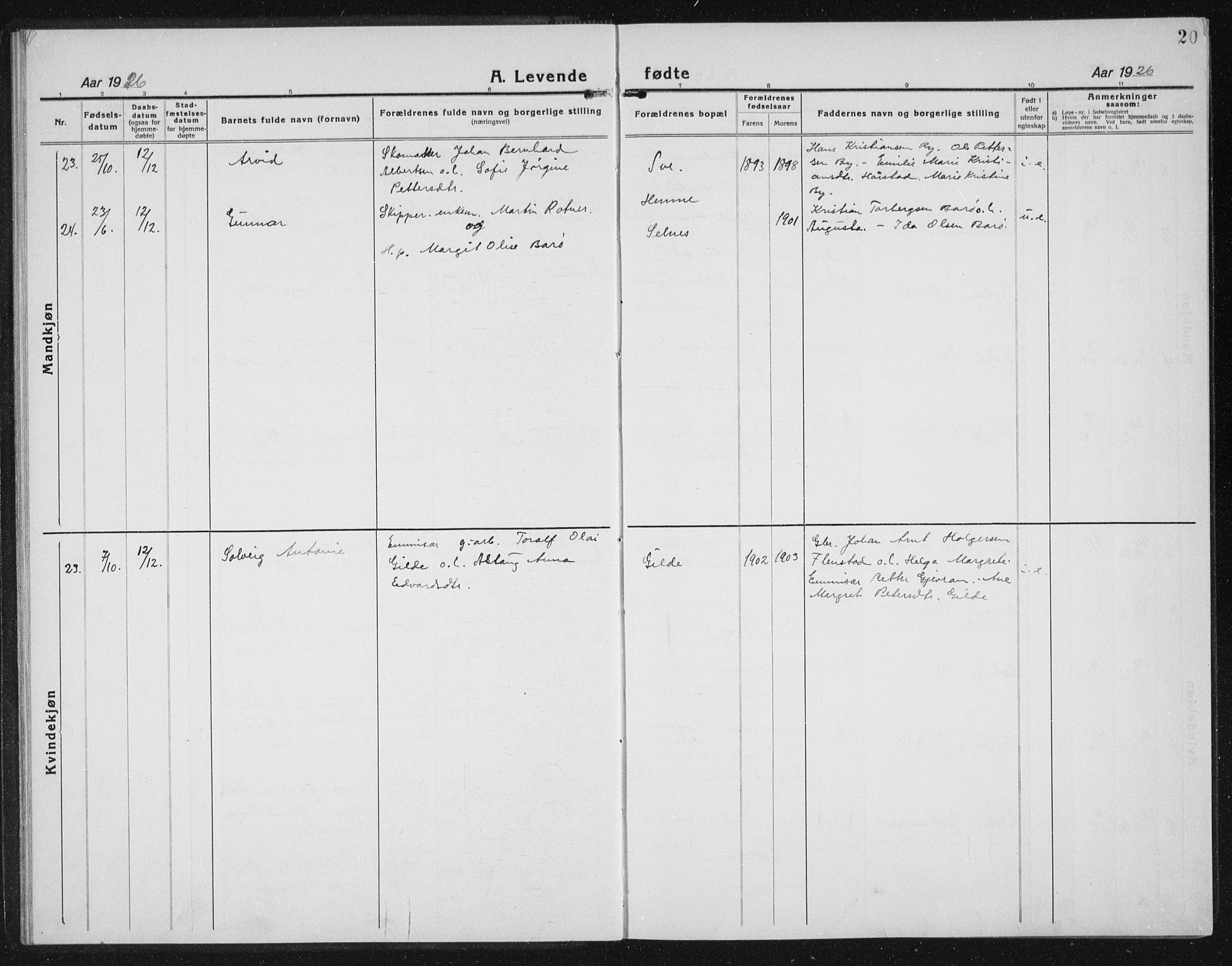 Ministerialprotokoller, klokkerbøker og fødselsregistre - Sør-Trøndelag, AV/SAT-A-1456/655/L0689: Parish register (copy) no. 655C05, 1922-1936, p. 20