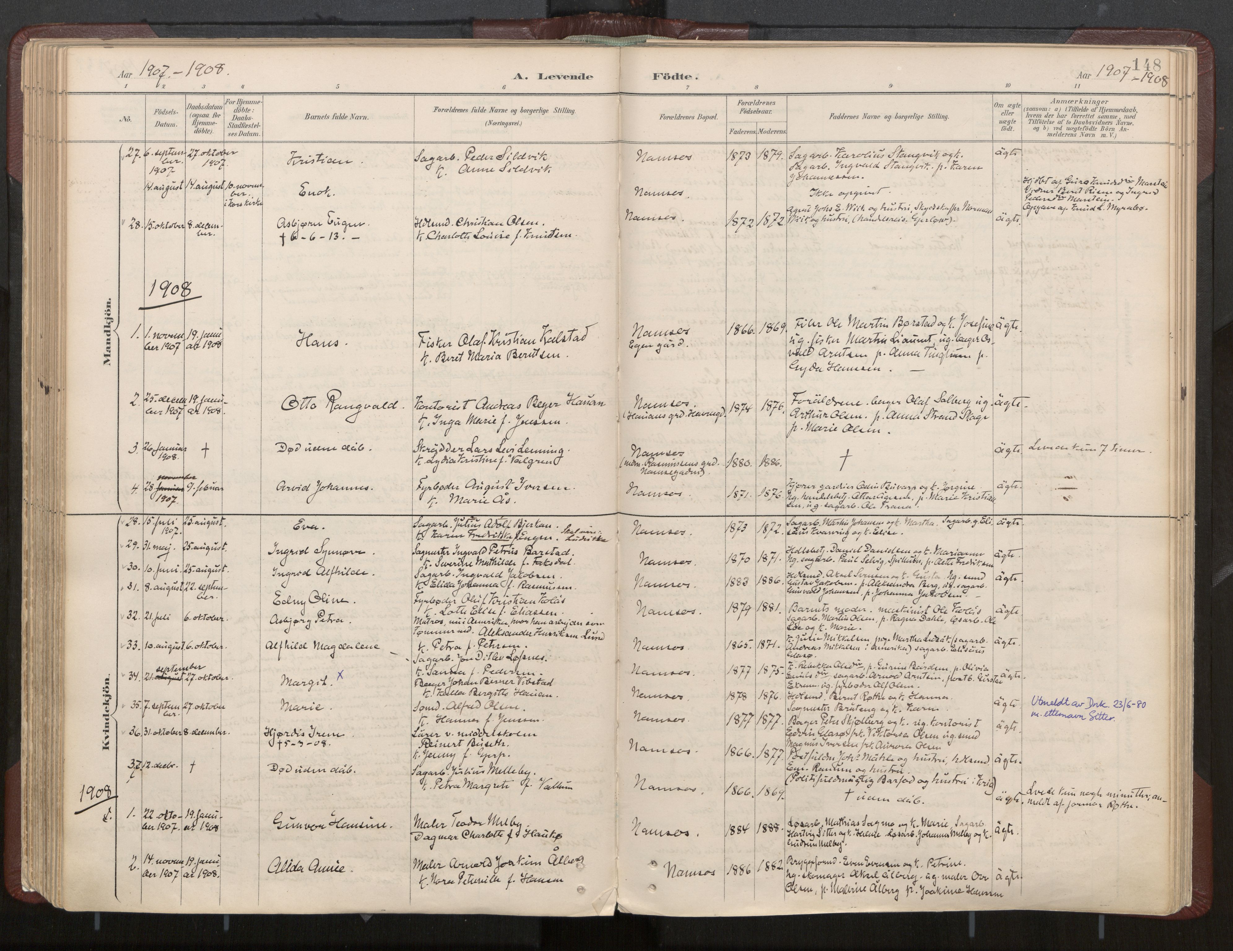 Ministerialprotokoller, klokkerbøker og fødselsregistre - Nord-Trøndelag, AV/SAT-A-1458/768/L0574: Parish register (official) no. 768A08, 1887-1927, p. 148