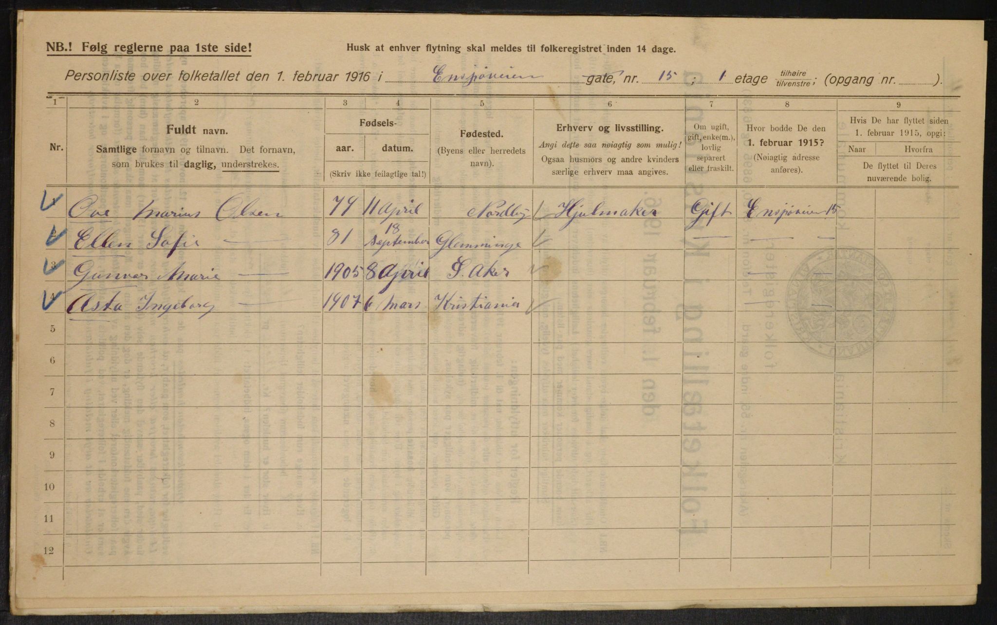 OBA, Municipal Census 1916 for Kristiania, 1916, p. 22340