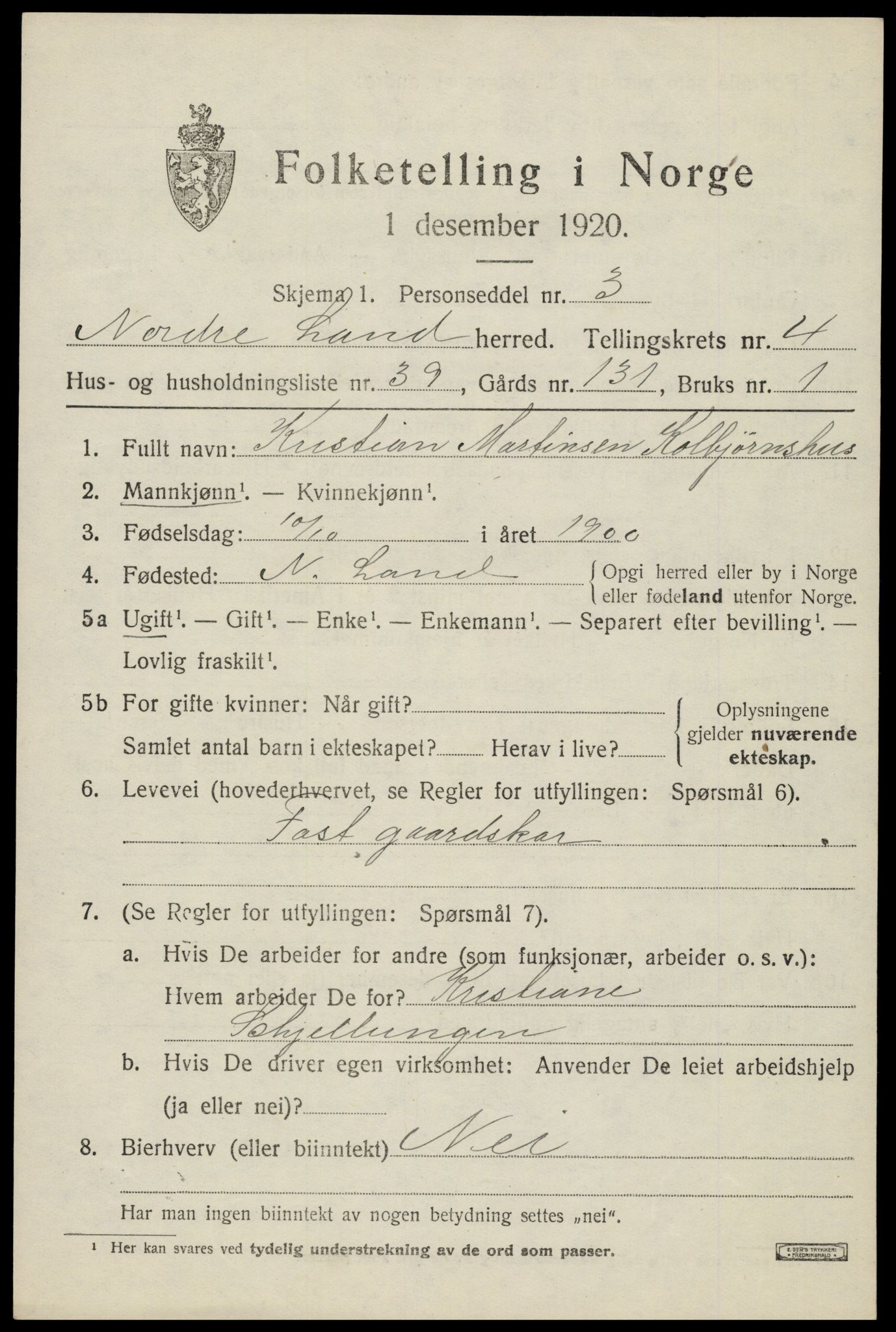 SAH, 1920 census for Nordre Land, 1920, p. 3694