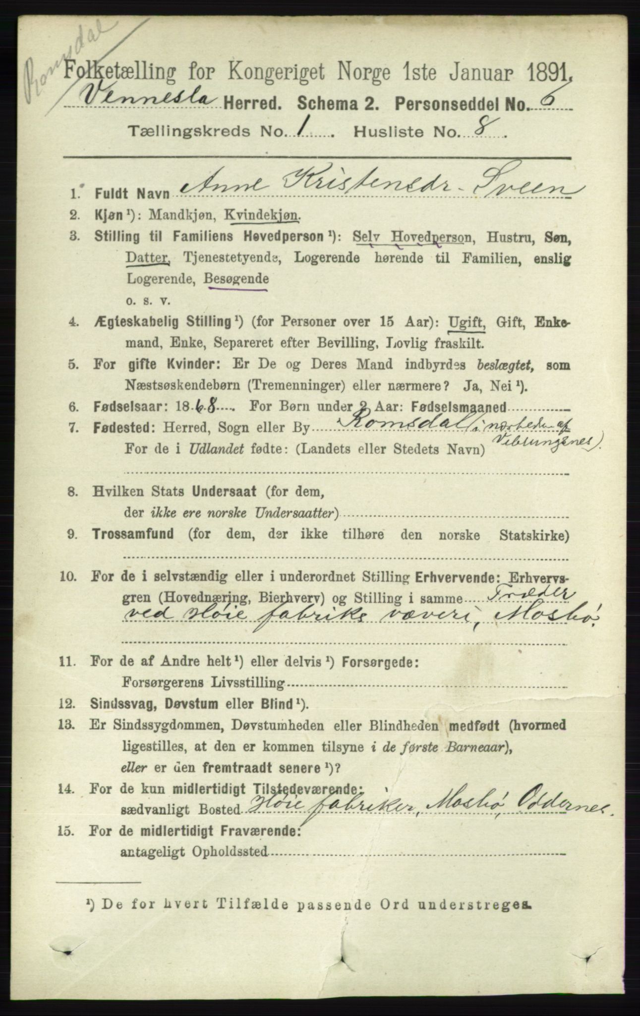 RA, 1891 census for 1014 Vennesla, 1891, p. 112