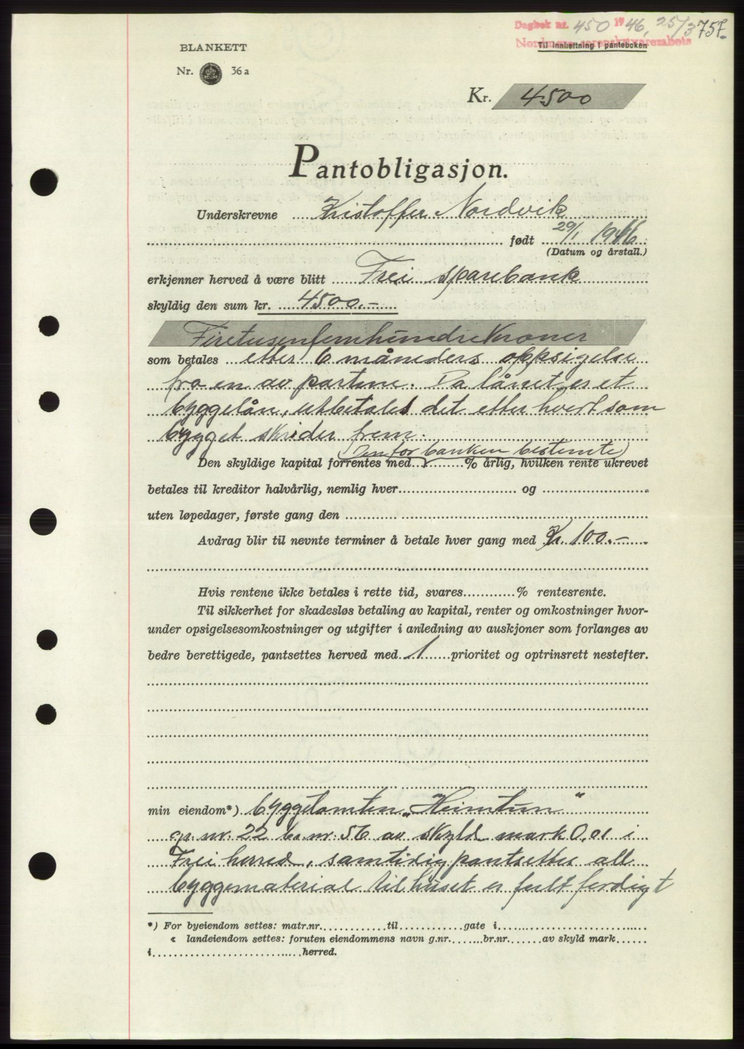 Nordmøre sorenskriveri, AV/SAT-A-4132/1/2/2Ca: Mortgage book no. B93b, 1946-1946, Diary no: : 450/1946