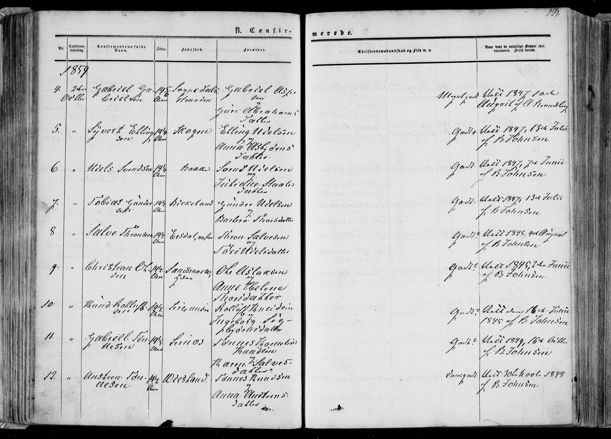 Bakke sokneprestkontor, AV/SAK-1111-0002/F/Fa/Faa/L0006: Parish register (official) no. A 6, 1855-1877, p. 159