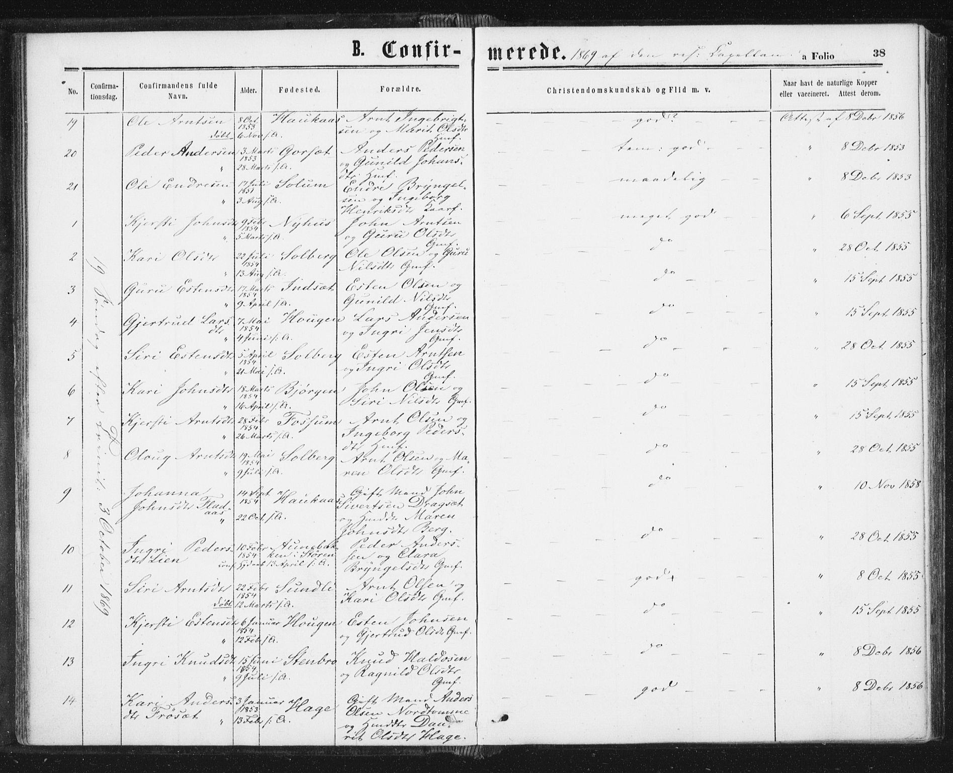 Ministerialprotokoller, klokkerbøker og fødselsregistre - Sør-Trøndelag, SAT/A-1456/689/L1039: Parish register (official) no. 689A04, 1865-1878, p. 38