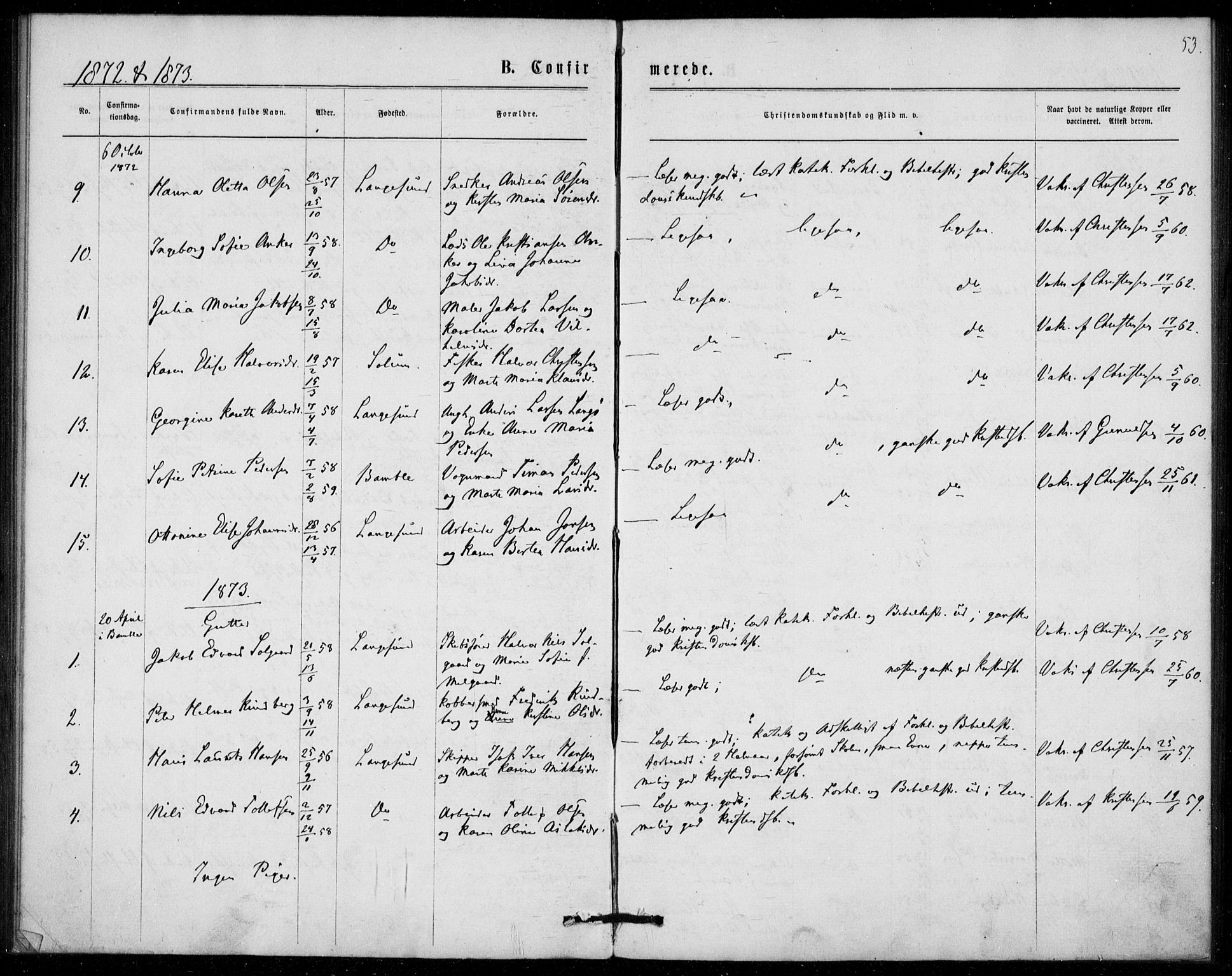 Langesund kirkebøker, SAKO/A-280/F/Fa/L0001: Parish register (official) no. 1, 1870-1877, p. 53