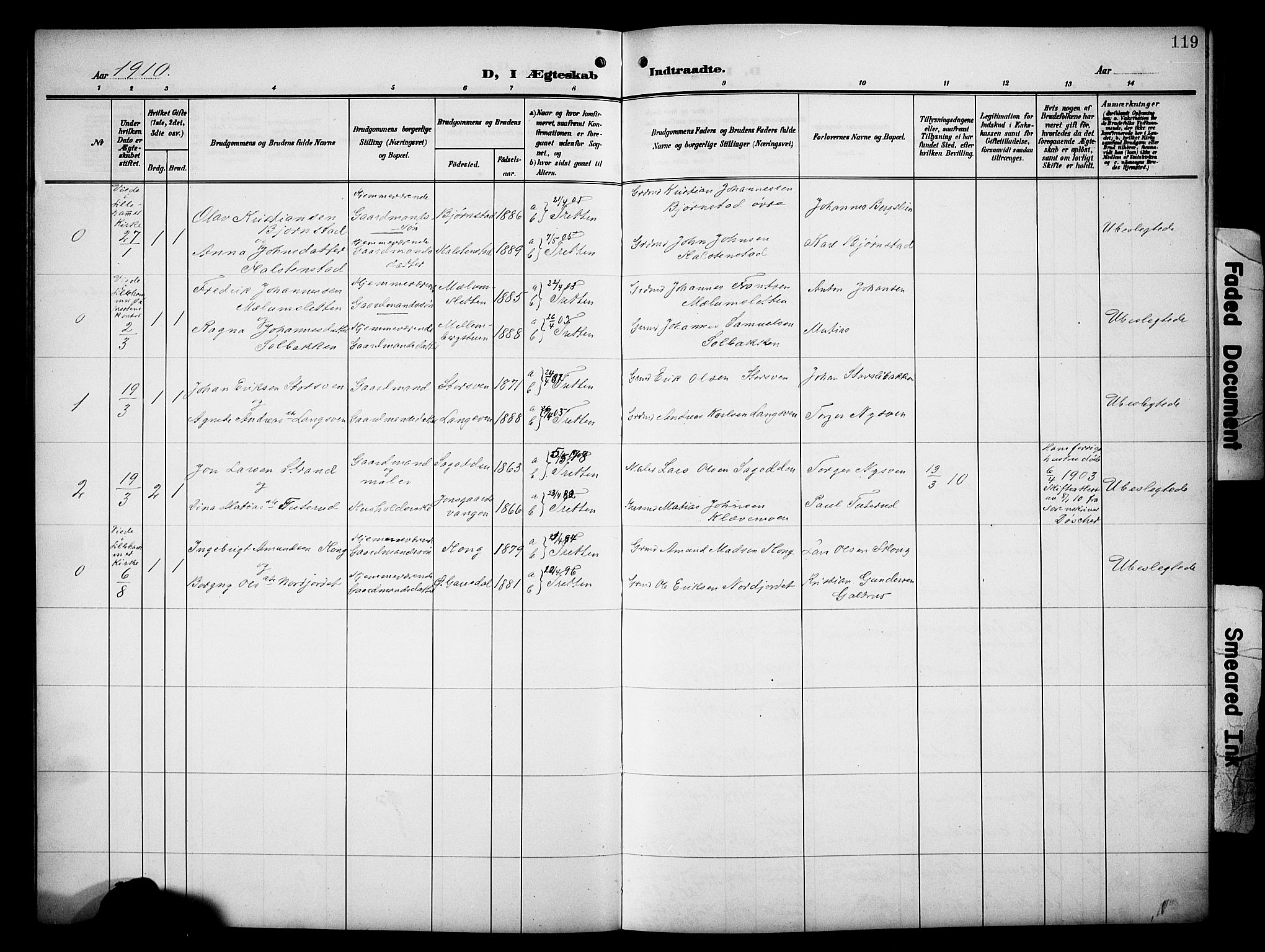 Øyer prestekontor, AV/SAH-PREST-084/H/Ha/Hab/L0006: Parish register (copy) no. 6, 1906-1929, p. 119