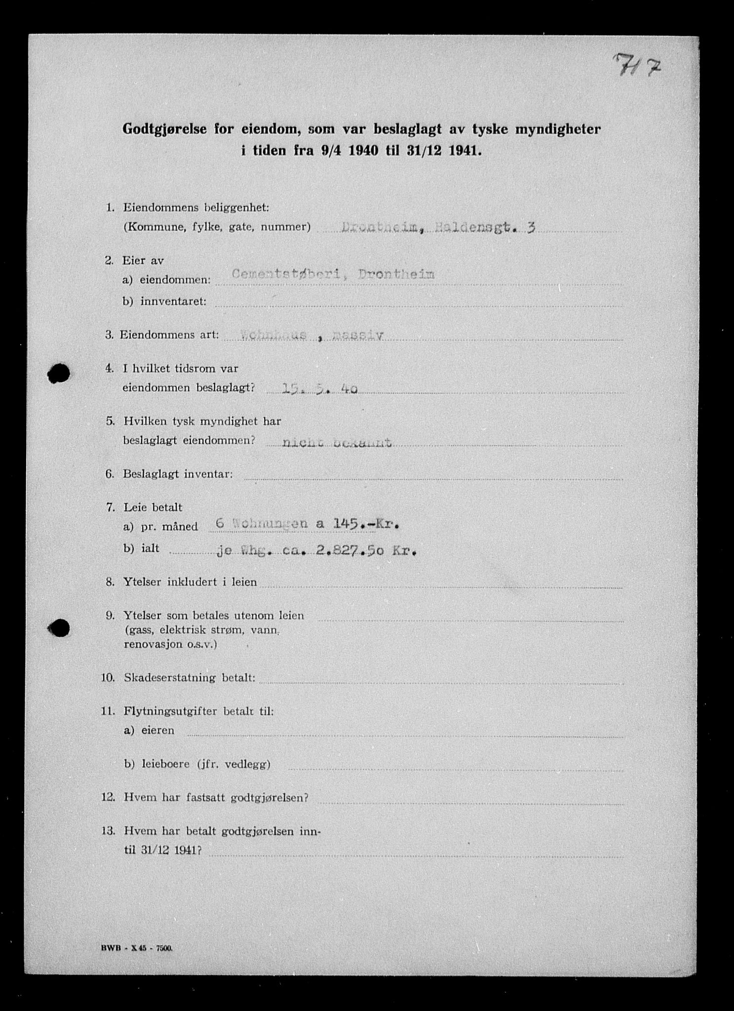 Justisdepartementet, Tilbakeføringskontoret for inndratte formuer, AV/RA-S-1564/I/L1018: Godtgjørelse for beslaglagt eiendom, 1940-1941, p. 13