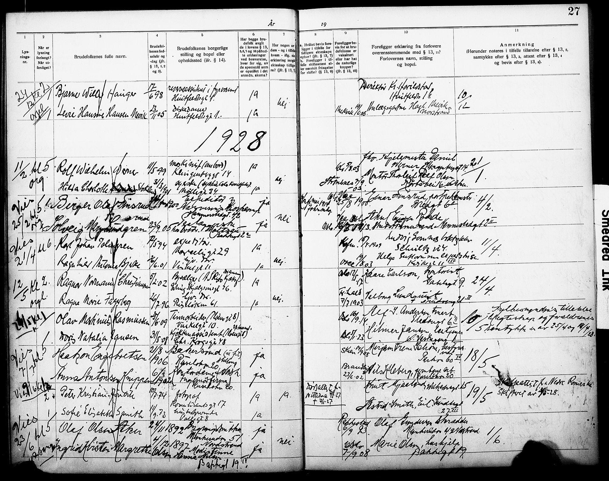 Piperviken prestekontor Kirkebøker, SAO/A-10874/H/L0001: Banns register no. 1, 1919-1930, p. 27
