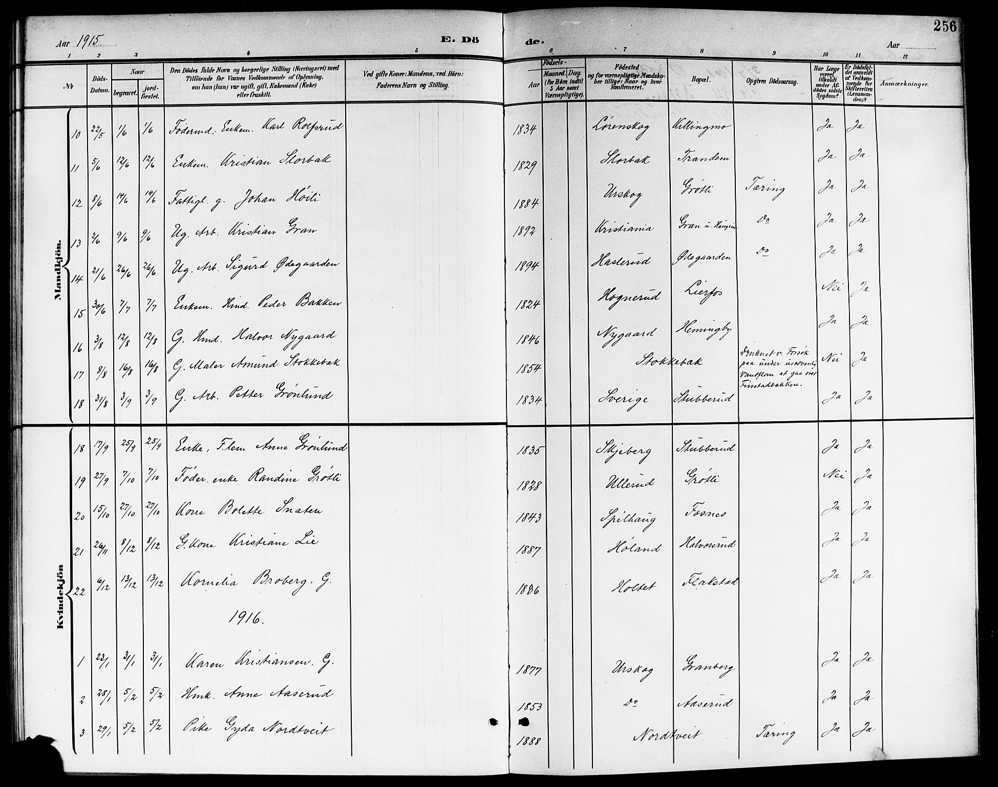 Aurskog prestekontor Kirkebøker, SAO/A-10304a/G/Ga/L0004: Parish register (copy) no. I 4, 1901-1921, p. 256
