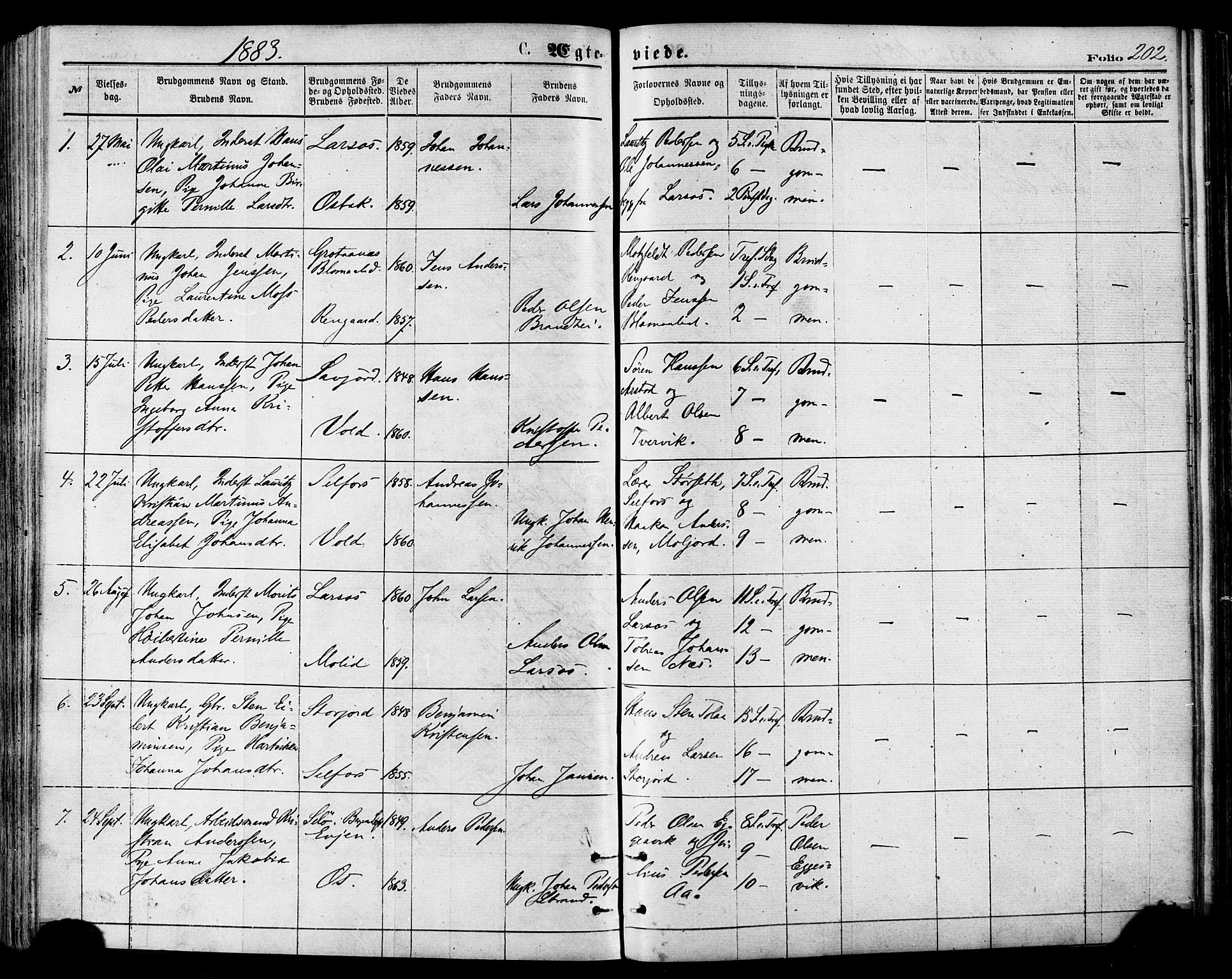 Ministerialprotokoller, klokkerbøker og fødselsregistre - Nordland, SAT/A-1459/846/L0645: Parish register (official) no. 846A03, 1872-1886, p. 202