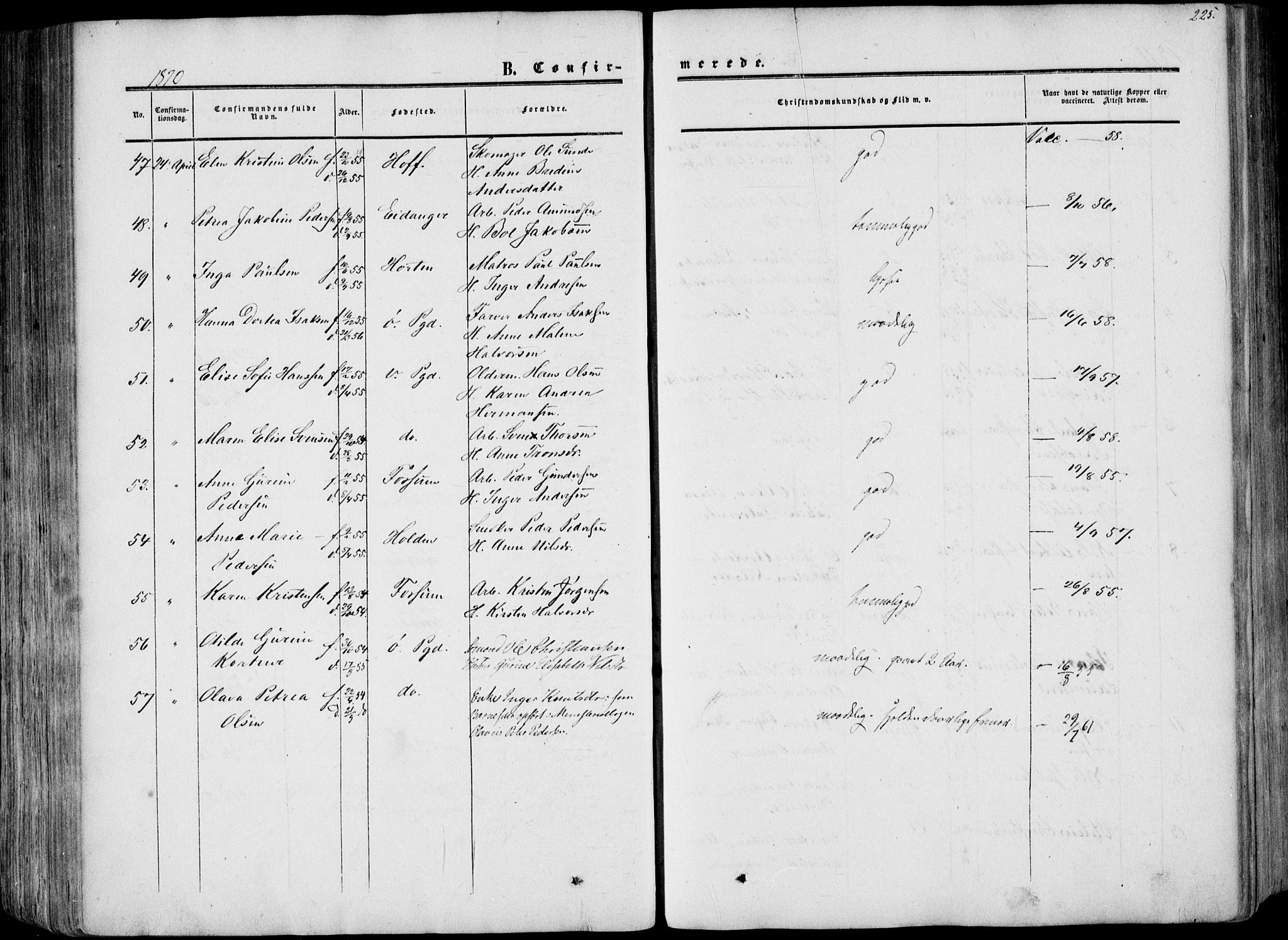 Porsgrunn kirkebøker , SAKO/A-104/F/Fa/L0007: Parish register (official) no. 7, 1858-1877, p. 225