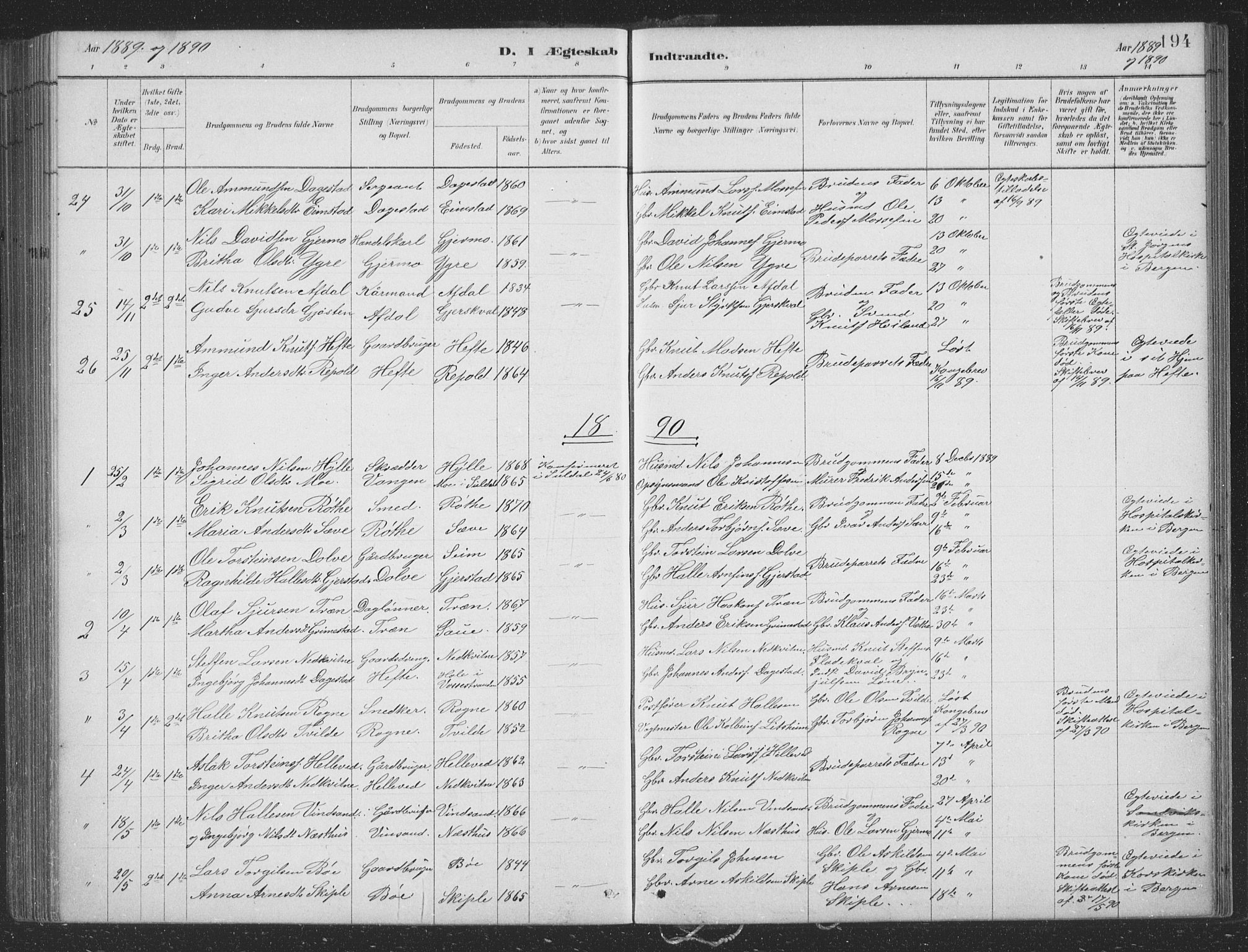Voss sokneprestembete, SAB/A-79001/H/Hab: Parish register (copy) no. B 3, 1879-1894, p. 194