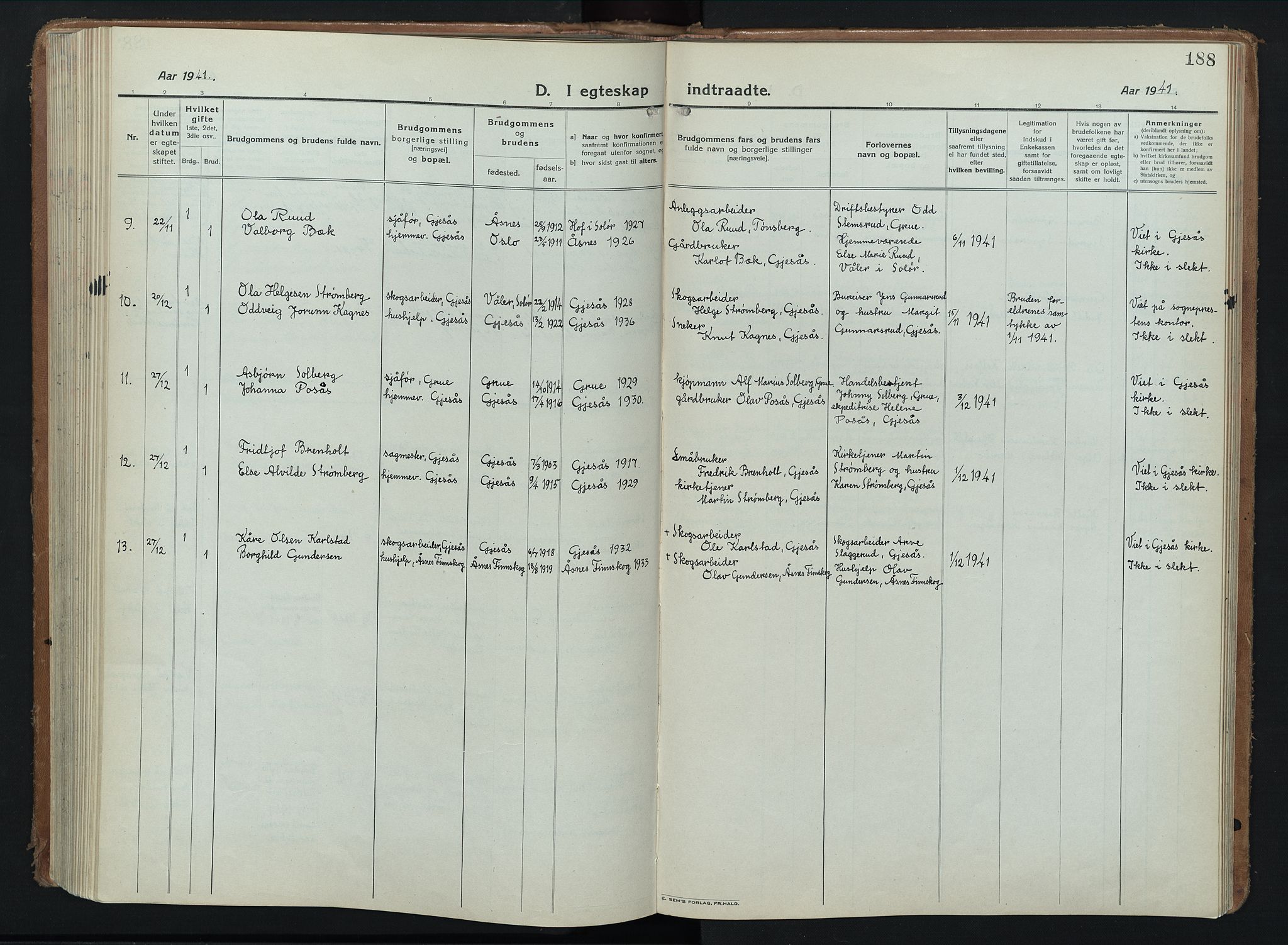 Åsnes prestekontor, AV/SAH-PREST-042/H/Ha/Hab/L0012: Parish register (copy) no. 12, 1921-1942, p. 188