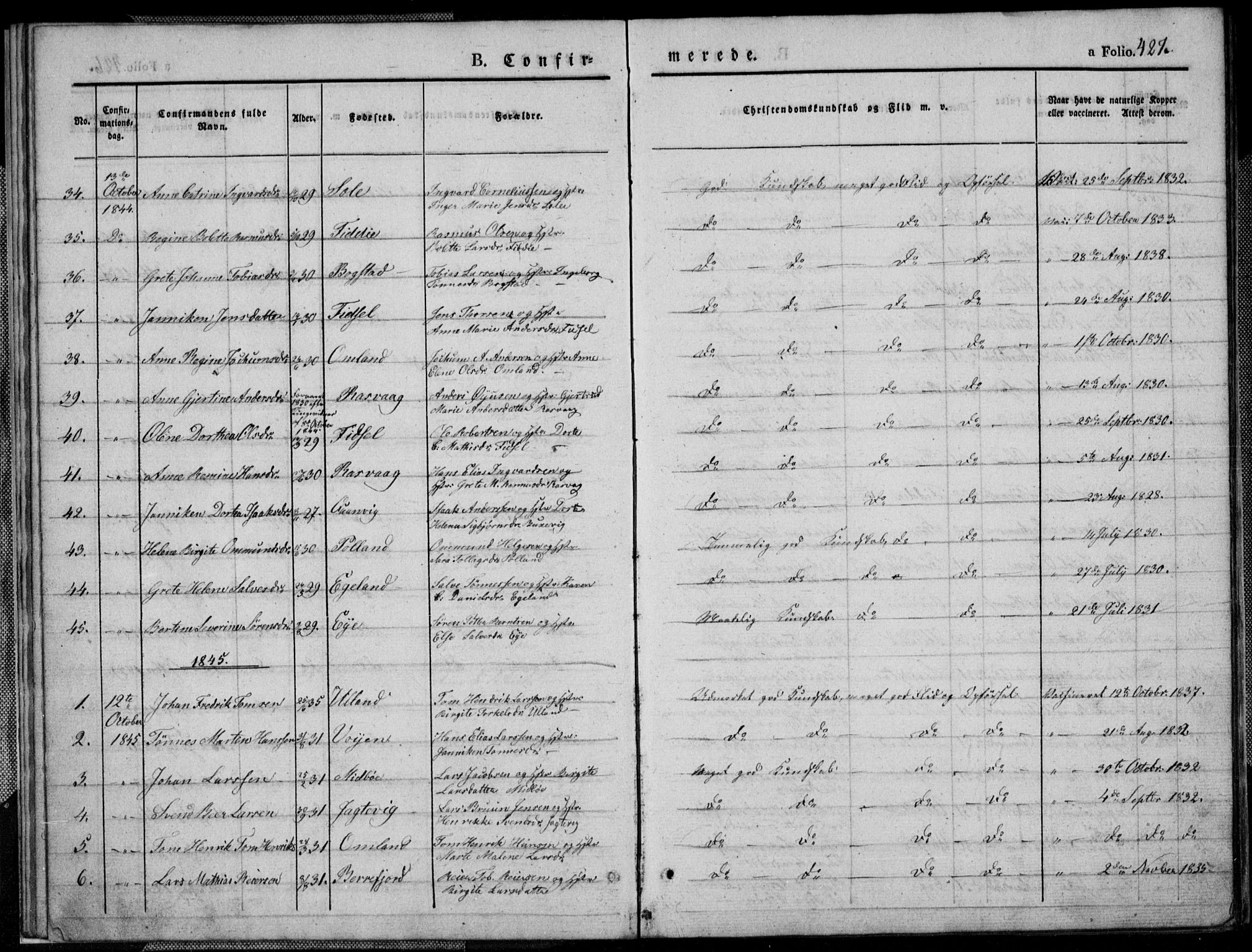 Flekkefjord sokneprestkontor, SAK/1111-0012/F/Fb/Fbb/L0002: Parish register (copy) no. B 2b, 1831-1866, p. 427