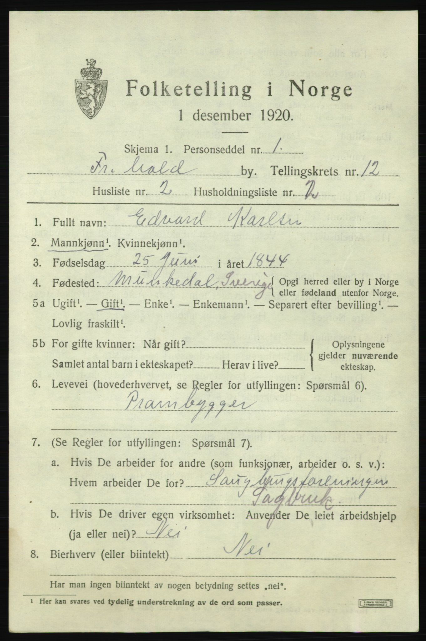 SAO, 1920 census for Fredrikshald, 1920, p. 19865