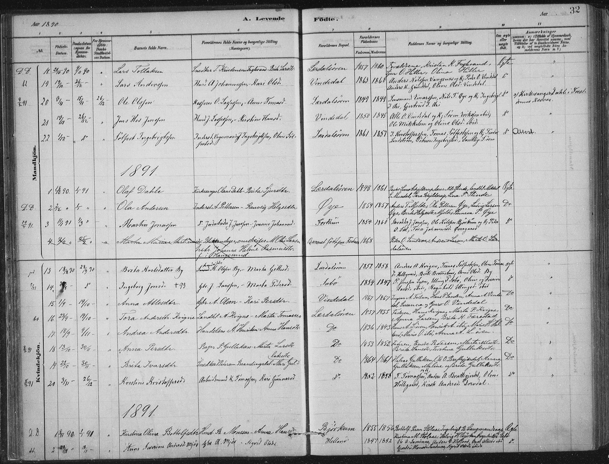 Lærdal sokneprestembete, SAB/A-81201: Parish register (official) no. D  1, 1878-1908, p. 32