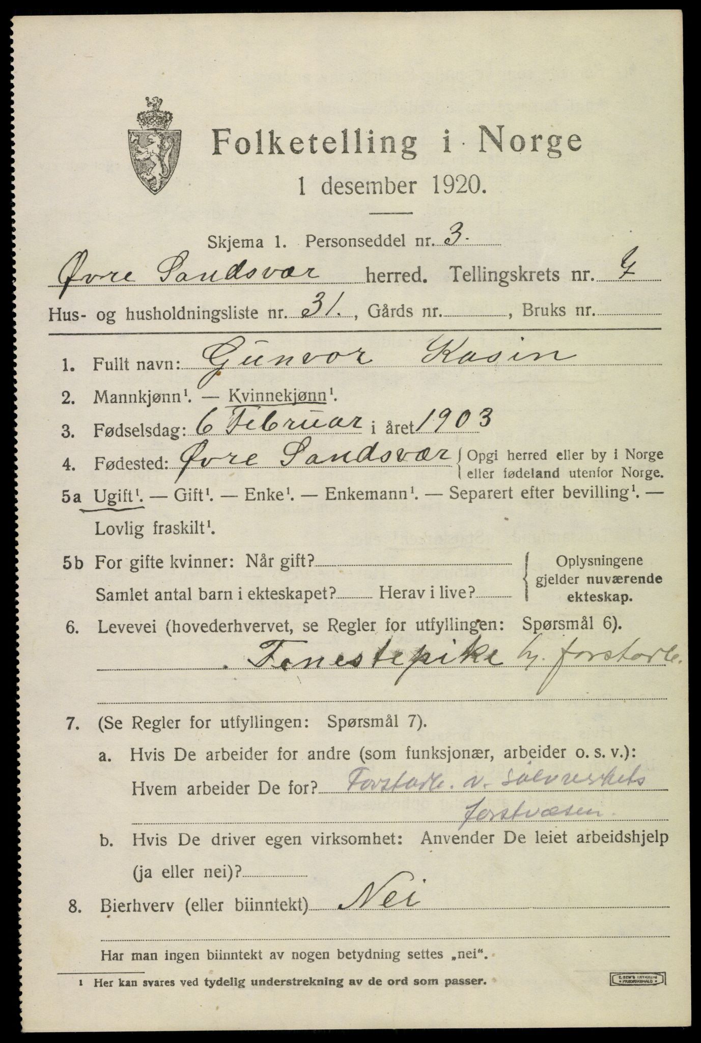 SAKO, 1920 census for Øvre Sandsvær, 1920, p. 4132