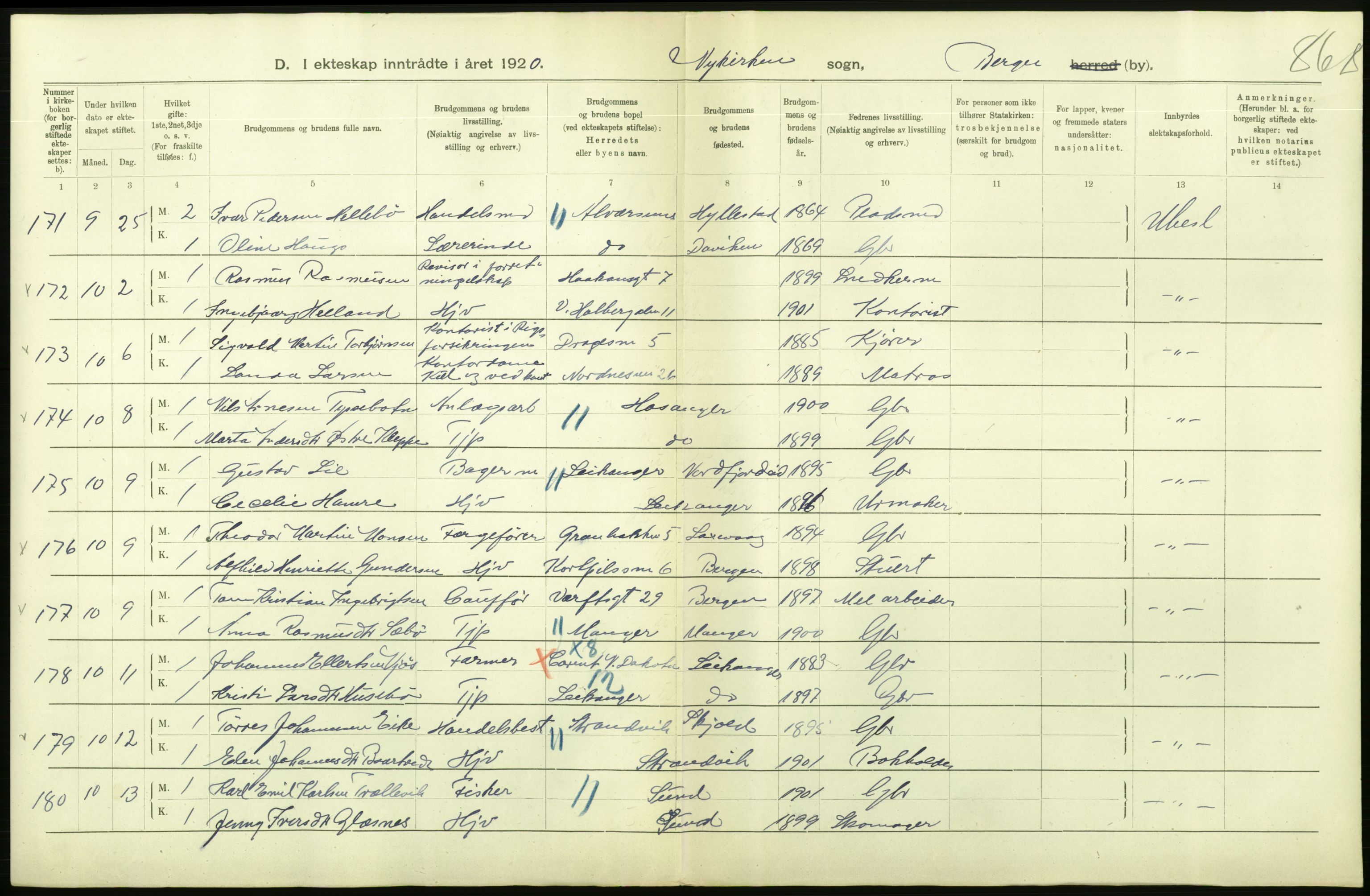 Statistisk sentralbyrå, Sosiodemografiske emner, Befolkning, AV/RA-S-2228/D/Df/Dfb/Dfbj/L0042: Bergen: Gifte, døde, dødfødte., 1920, p. 116