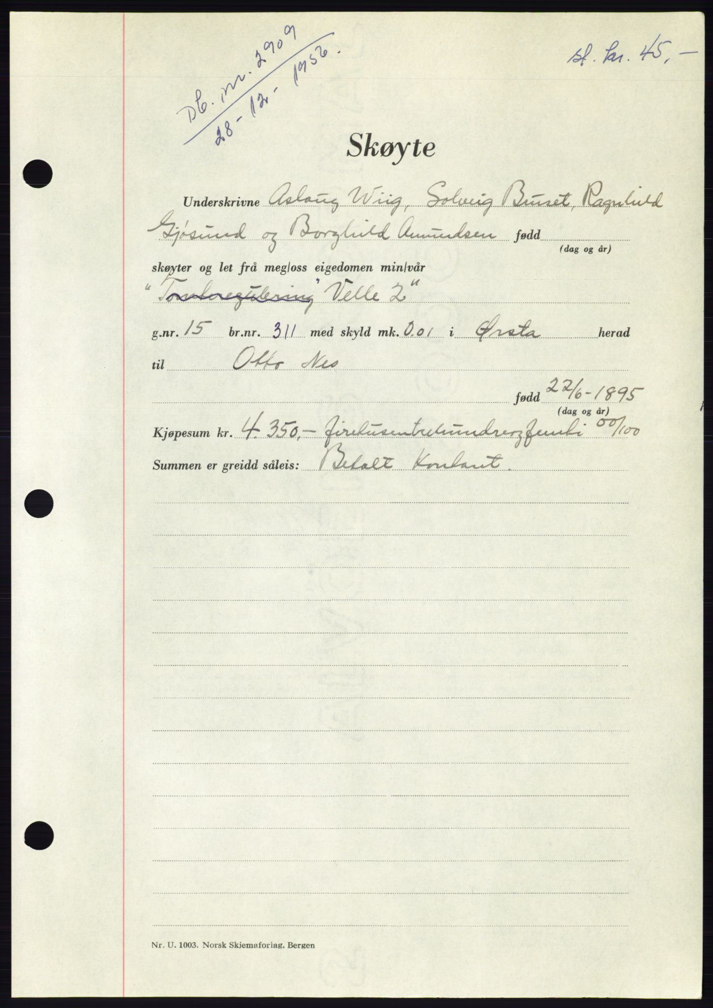 Søre Sunnmøre sorenskriveri, AV/SAT-A-4122/1/2/2C/L0105: Mortgage book no. 31A, 1956-1957, Diary no: : 2909/1956