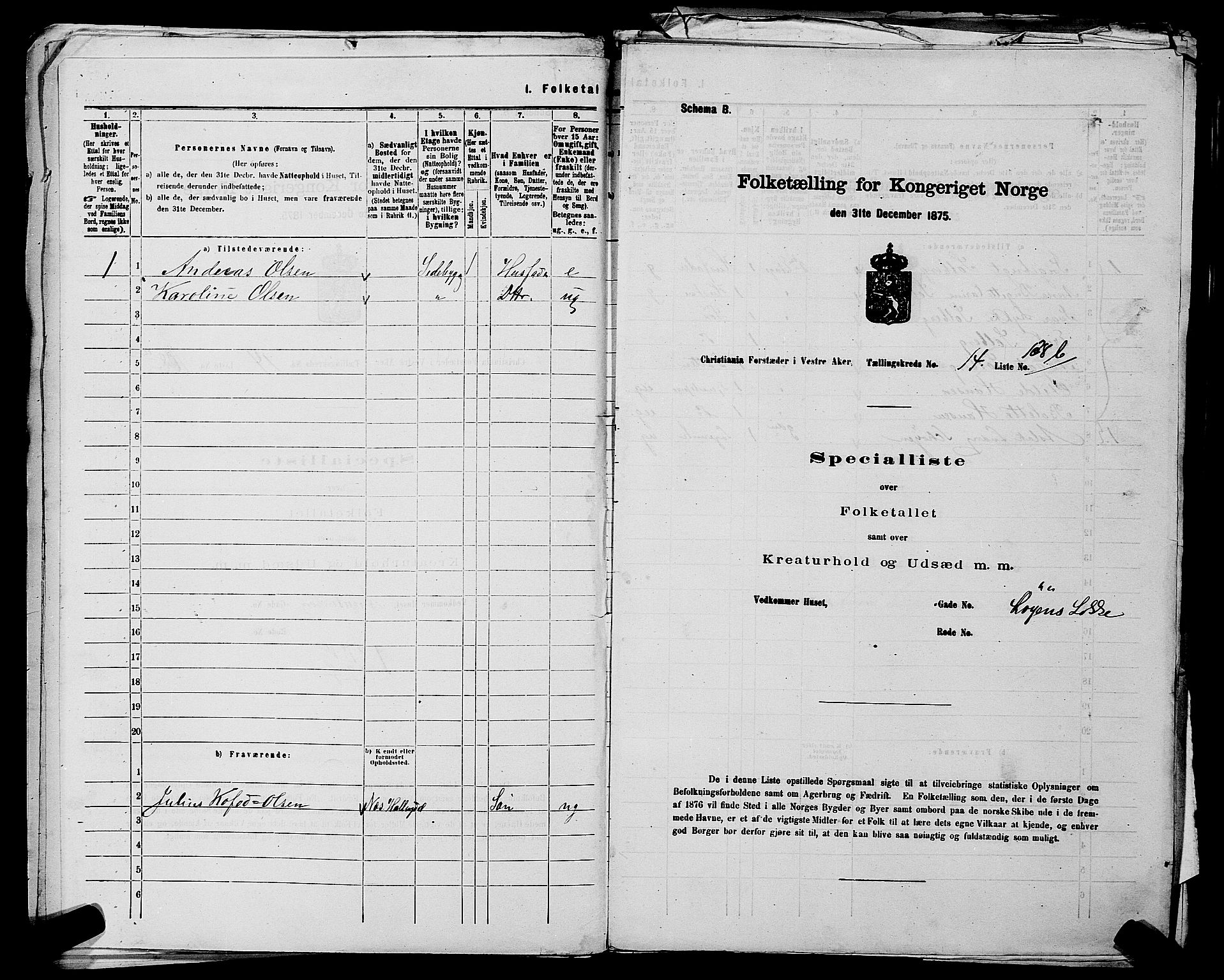 RA, 1875 census for 0218aP Vestre Aker, 1875, p. 2556