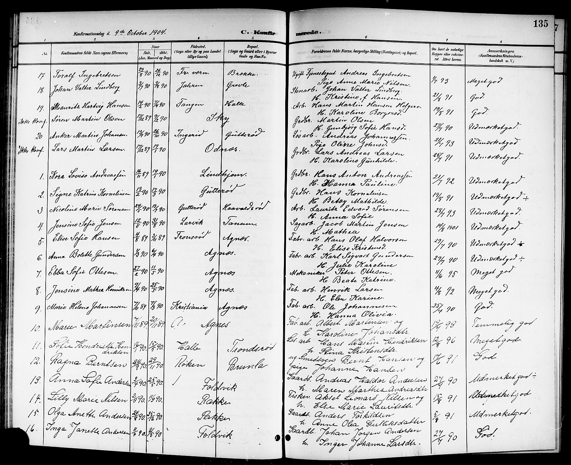 Brunlanes kirkebøker, SAKO/A-342/G/Ga/L0004: Parish register (copy) no. I 4, 1898-1921, p. 135