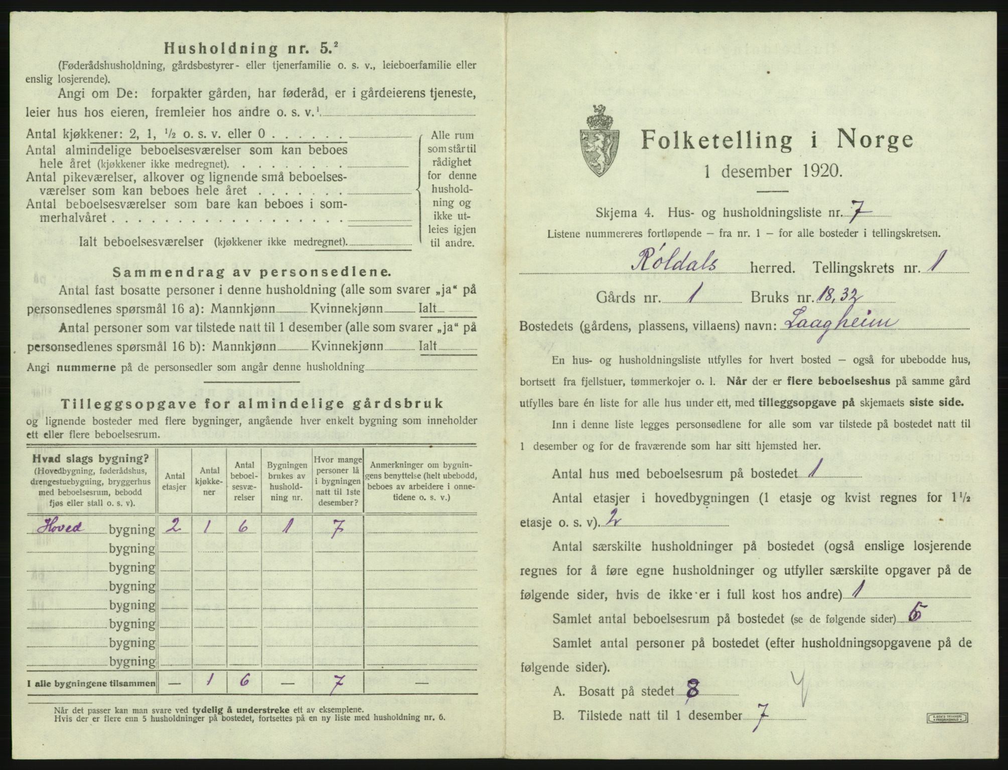 SAB, 1920 census for Røldal, 1920, p. 27