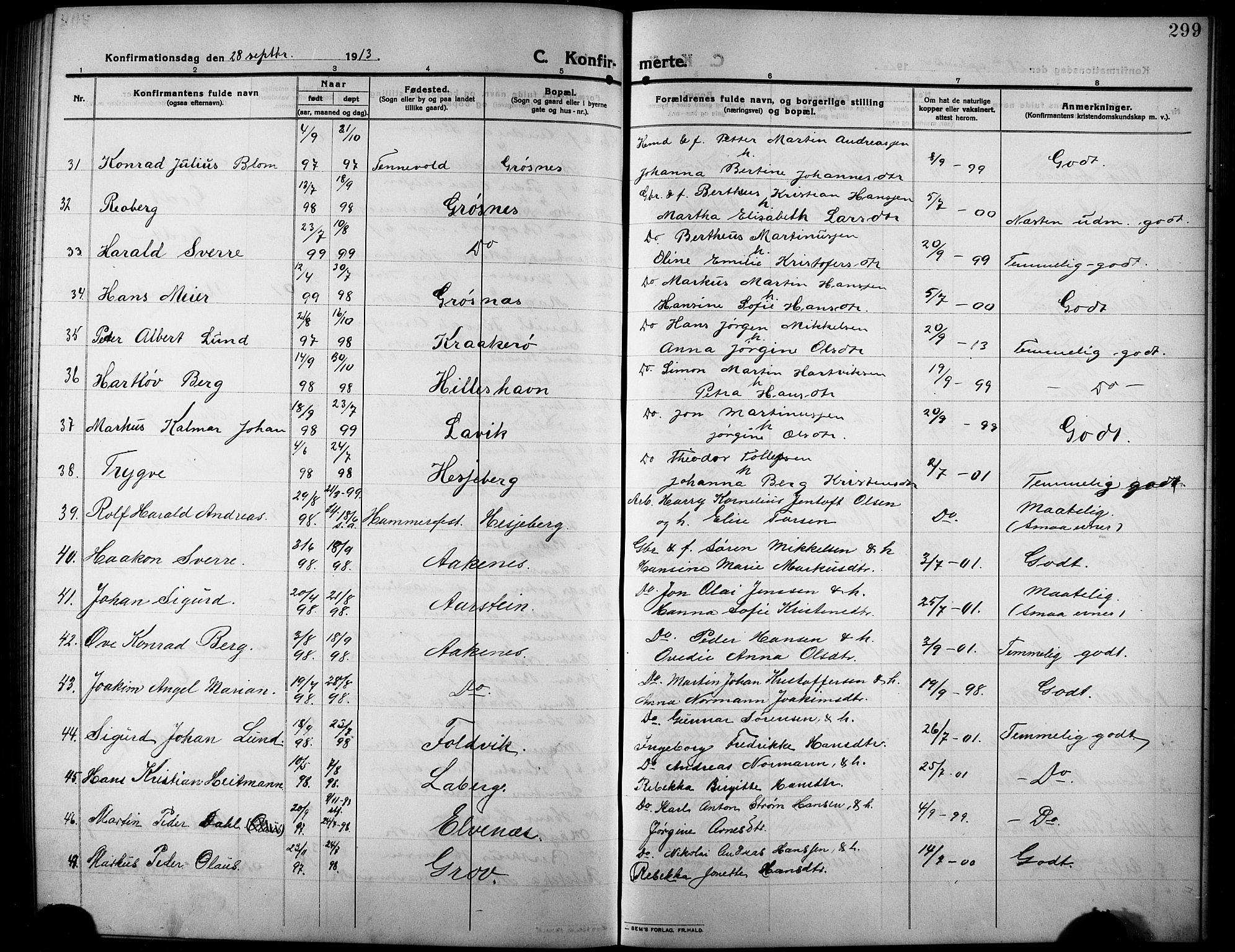 Ibestad sokneprestembete, SATØ/S-0077/H/Ha/Hab/L0009klokker: Parish register (copy) no. 9, 1902-1914, p. 299