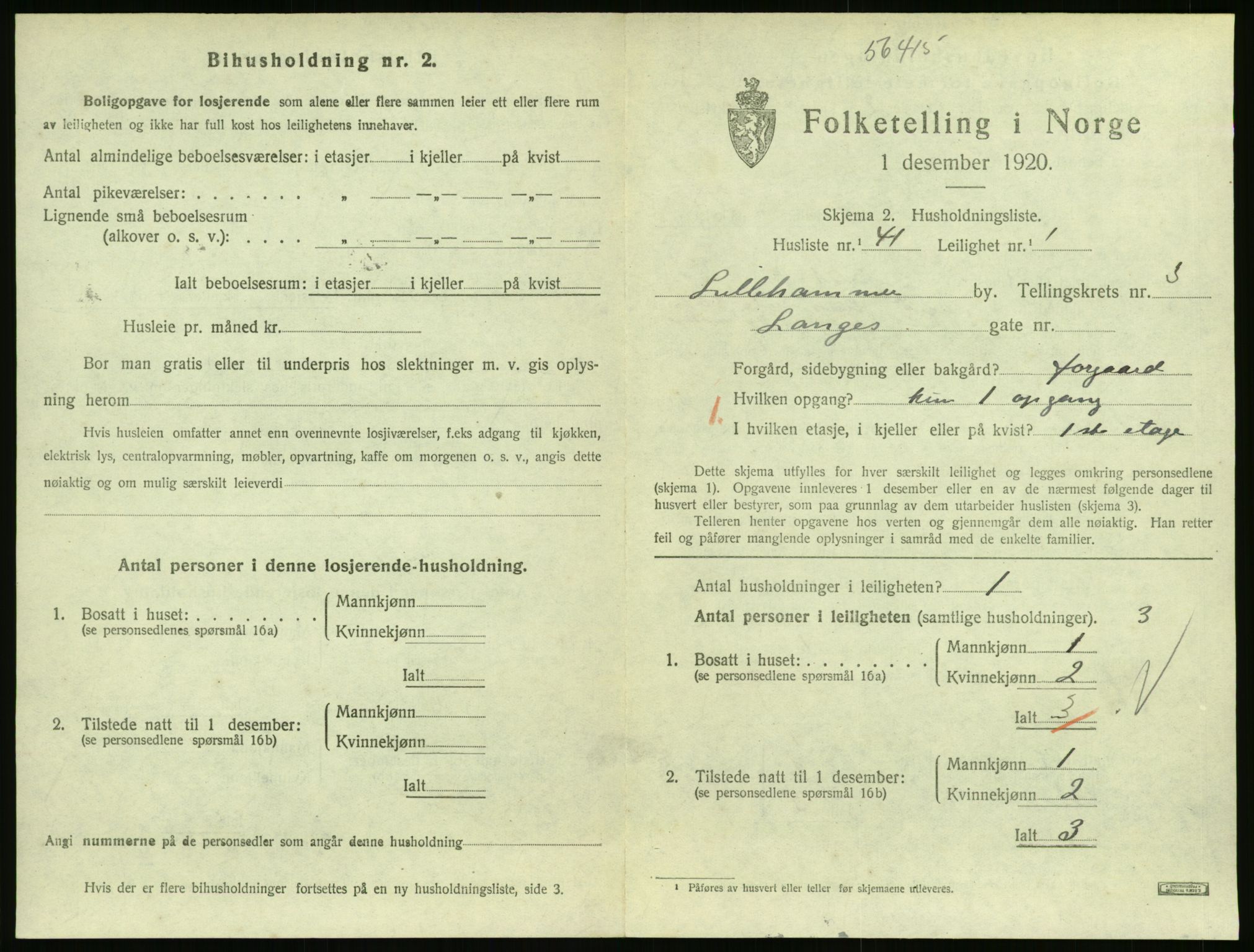 SAH, 1920 census for Lillehammer, 1920, p. 1888