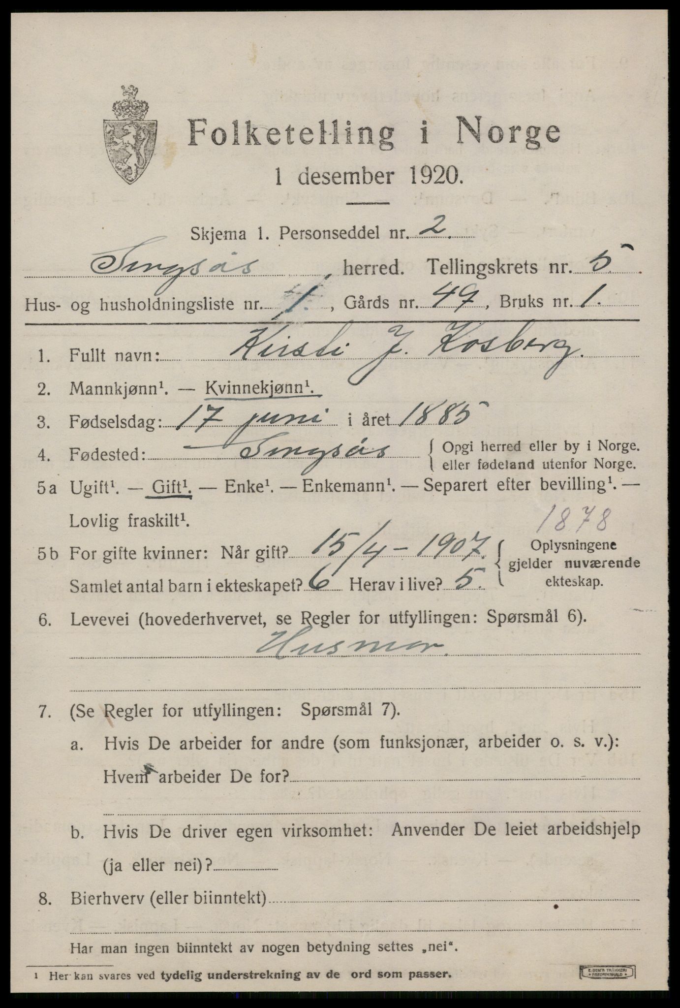 SAT, 1920 census for Singsås, 1920, p. 3019