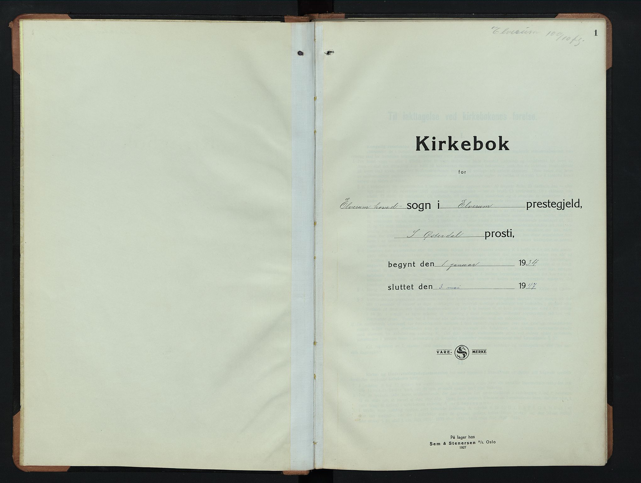 Elverum prestekontor, SAH/PREST-044/H/Ha/Hab/L0033: Parish register (copy) no. 33, 1934-1947, p. 1