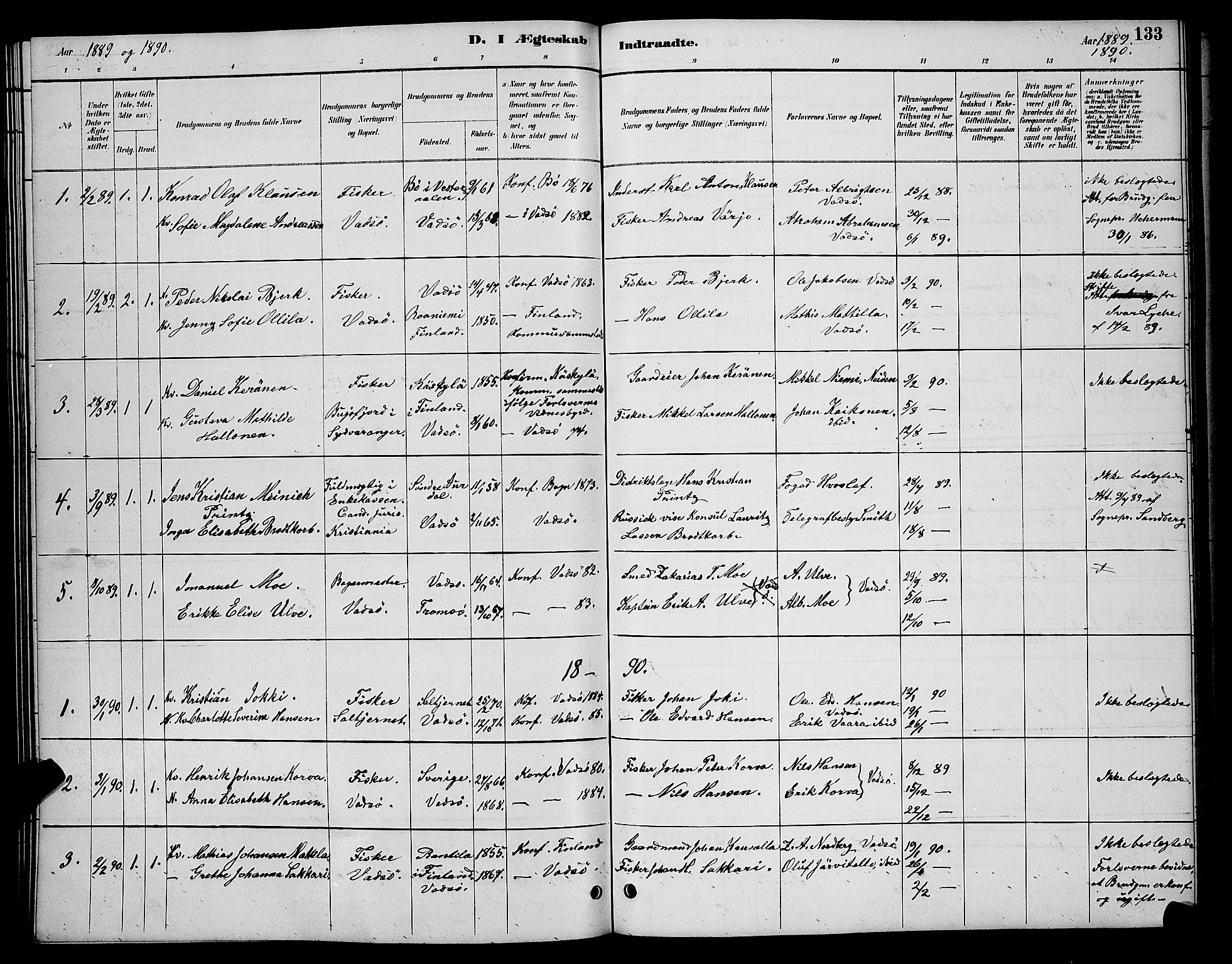Vadsø sokneprestkontor, SATØ/S-1325/H/Hb/L0004klokker: Parish register (copy) no. 4, 1885-1895, p. 133