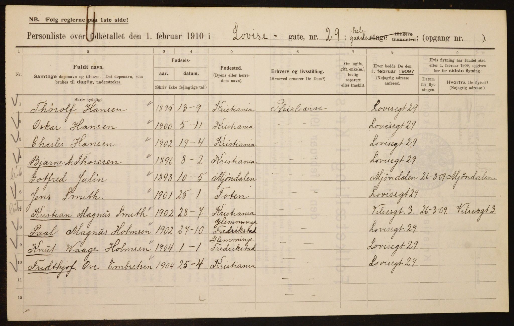 OBA, Municipal Census 1910 for Kristiania, 1910, p. 56415