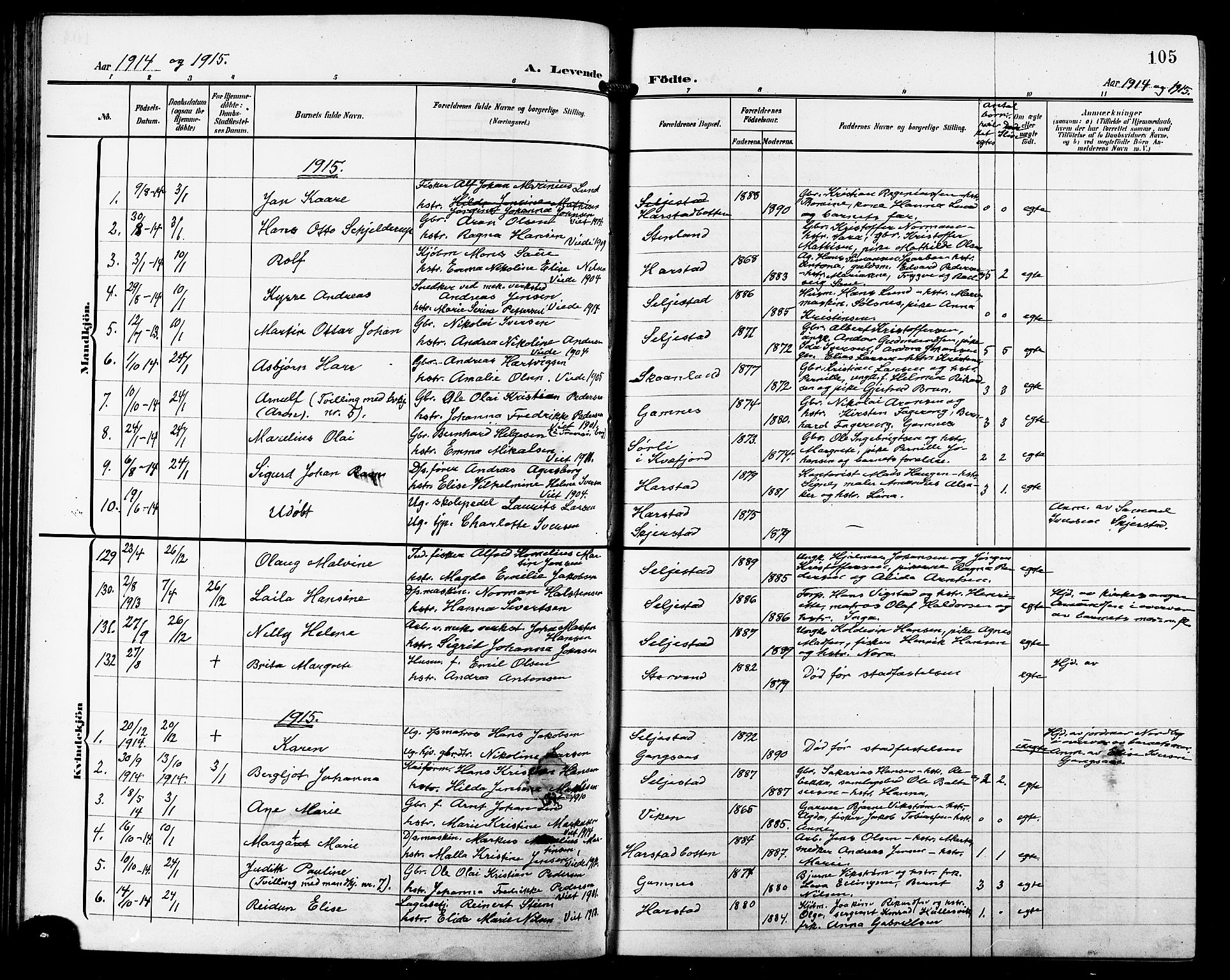 Trondenes sokneprestkontor, SATØ/S-1319/H/Hb/L0012klokker: Parish register (copy) no. 12, 1907-1916, p. 105