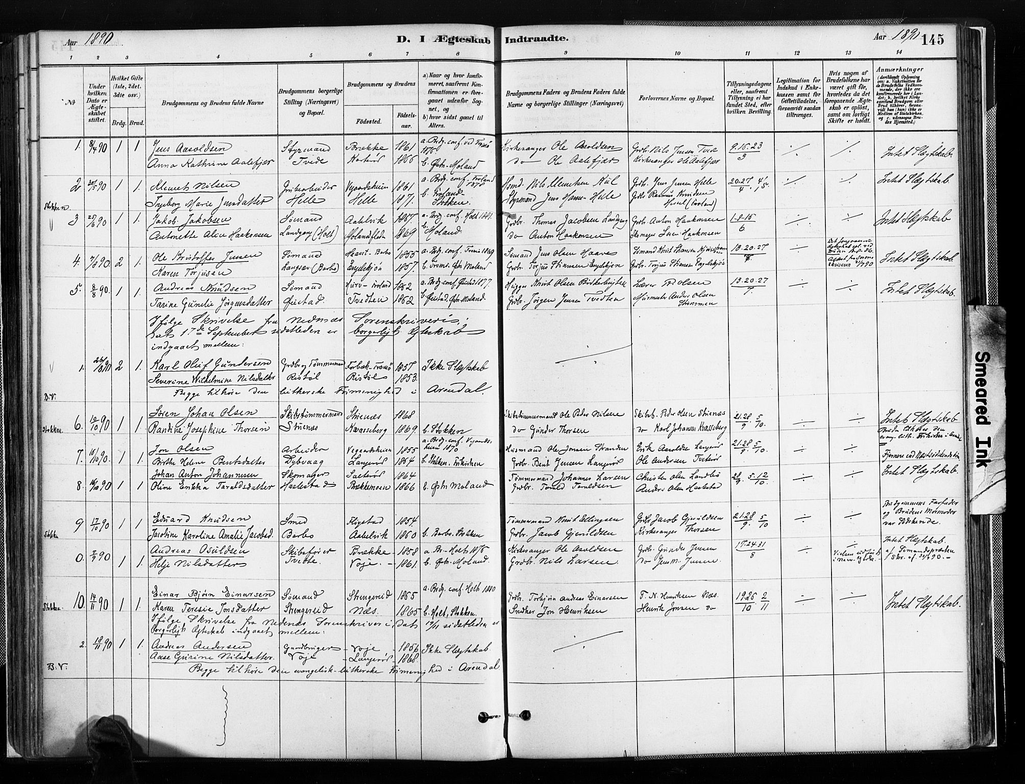 Austre Moland sokneprestkontor, SAK/1111-0001/F/Fa/Faa/L0010: Parish register (official) no. A 10, 1880-1904, p. 145