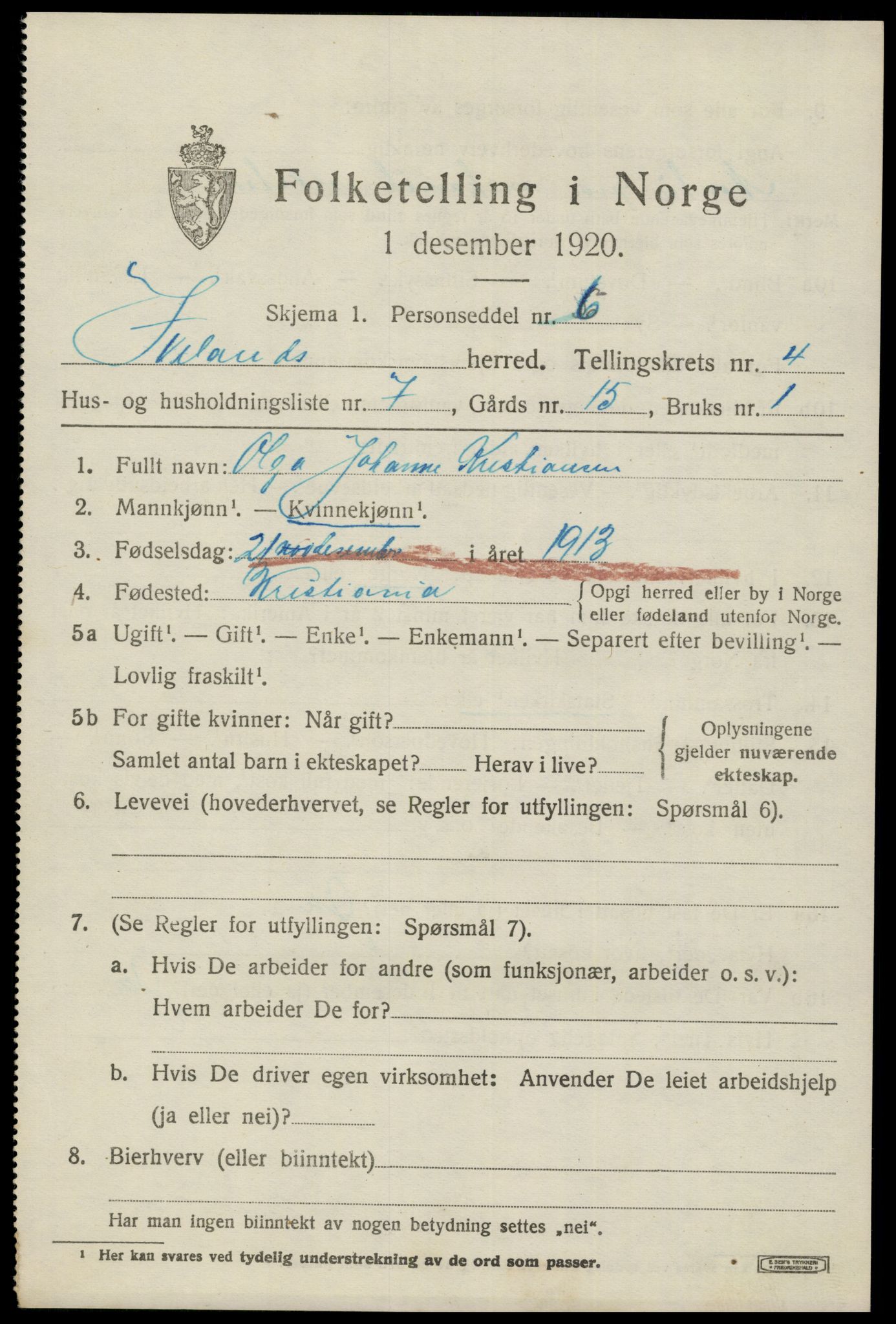 SAK, 1920 census for Iveland, 1920, p. 1395