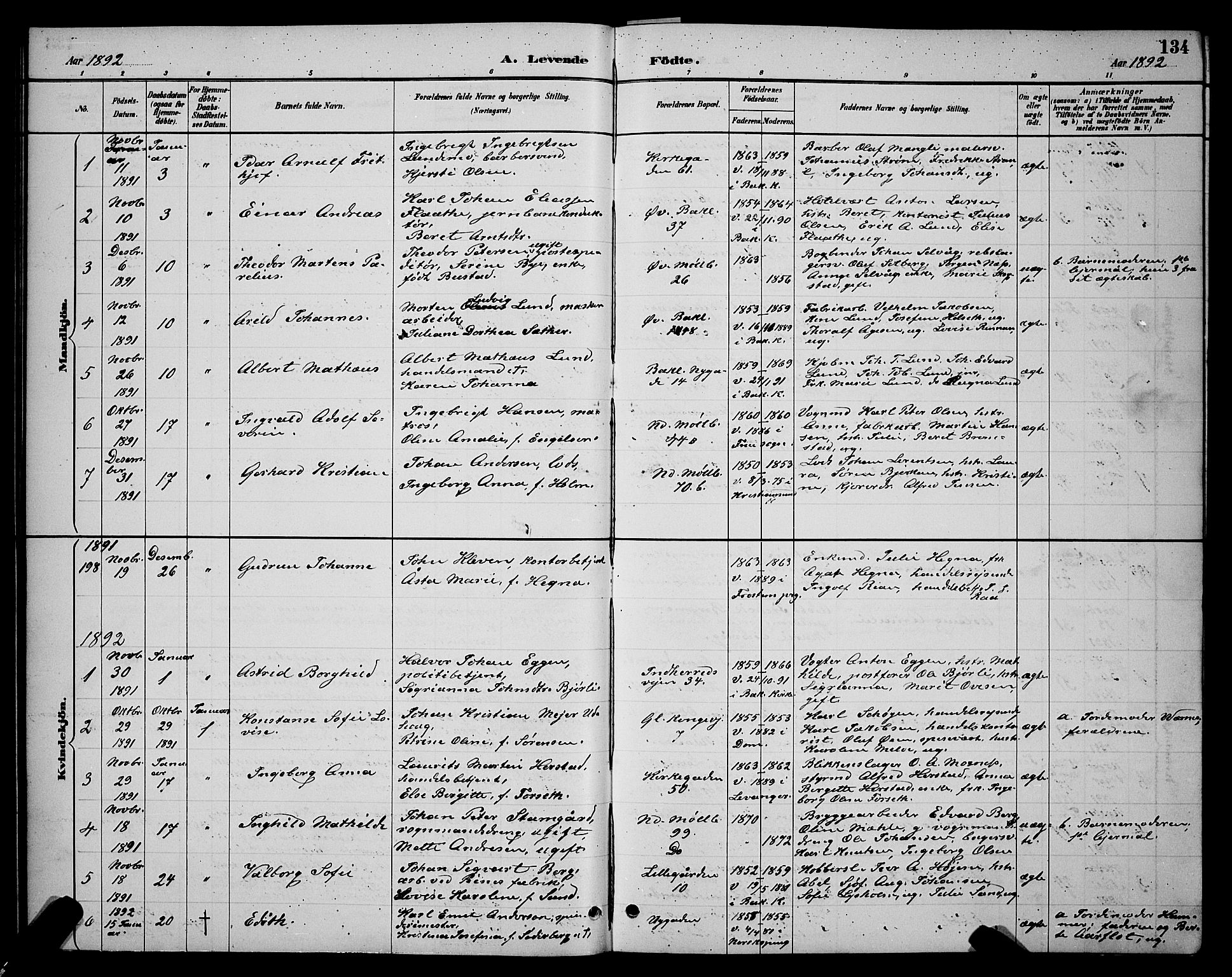 Ministerialprotokoller, klokkerbøker og fødselsregistre - Sør-Trøndelag, SAT/A-1456/604/L0222: Parish register (copy) no. 604C05, 1886-1895, p. 134