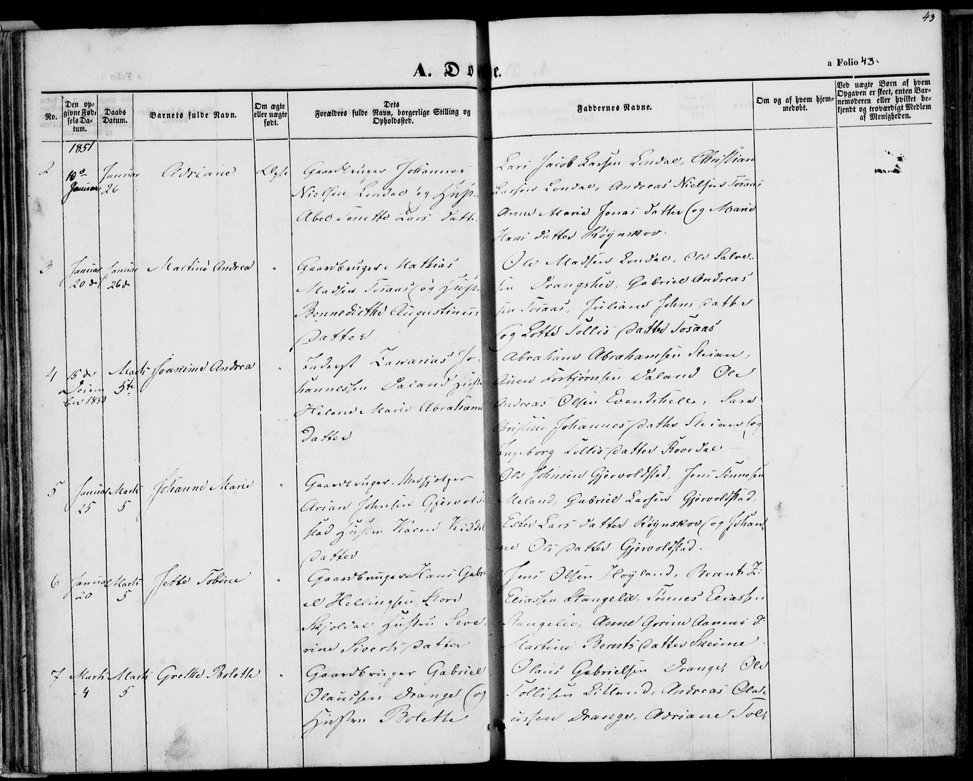 Herad sokneprestkontor, AV/SAK-1111-0018/F/Fa/Faa/L0004: Parish register (official) no. A 4, 1844-1853, p. 43