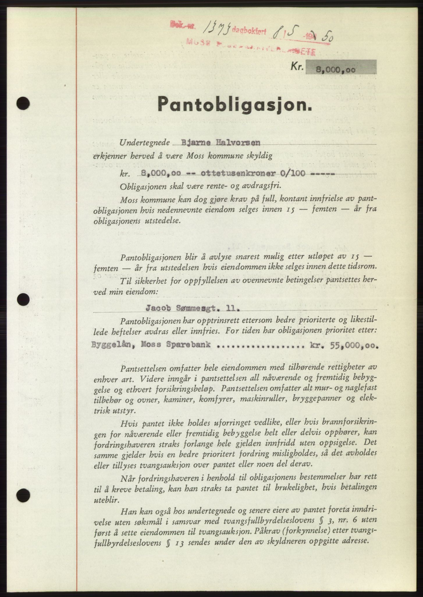 Moss sorenskriveri, AV/SAO-A-10168: Mortgage book no. B24, 1950-1950, Diary no: : 1373/1950