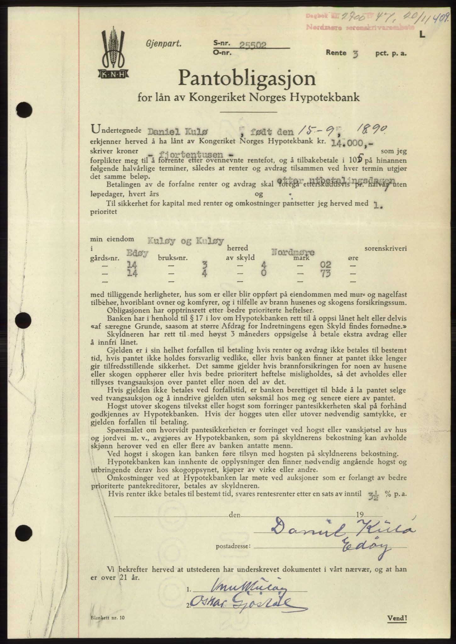 Nordmøre sorenskriveri, AV/SAT-A-4132/1/2/2Ca: Mortgage book no. B97, 1947-1948, Diary no: : 2700/1947