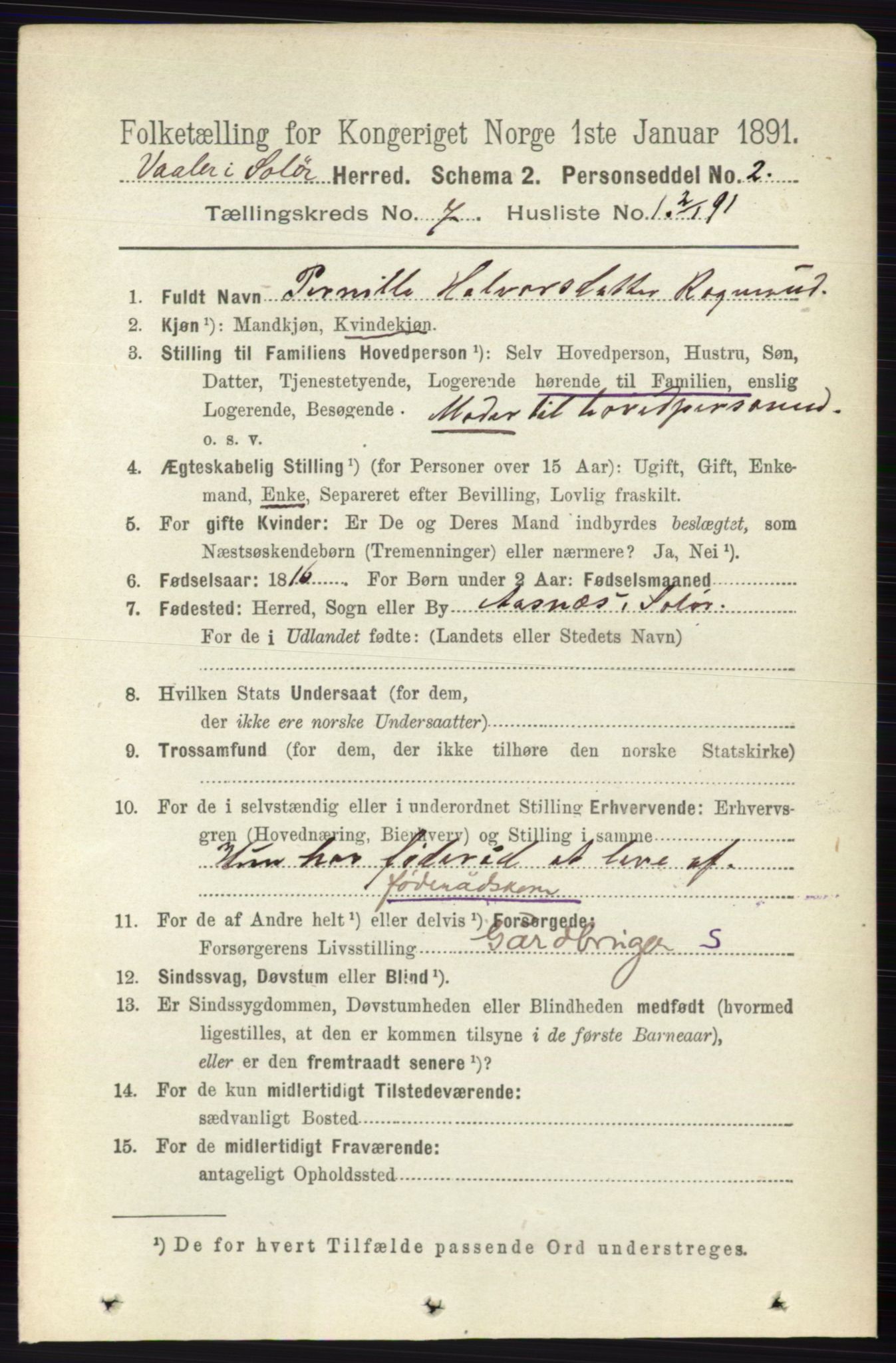 RA, 1891 census for 0426 Våler, 1891, p. 2926