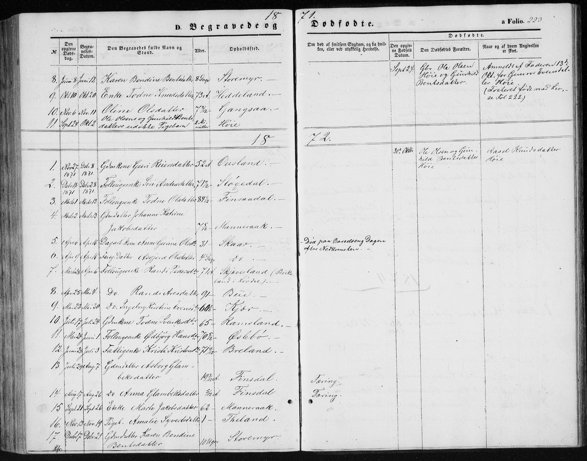 Holum sokneprestkontor, SAK/1111-0022/F/Fb/Fbc/L0002: Parish register (copy) no. B 2, 1860-1882, p. 223