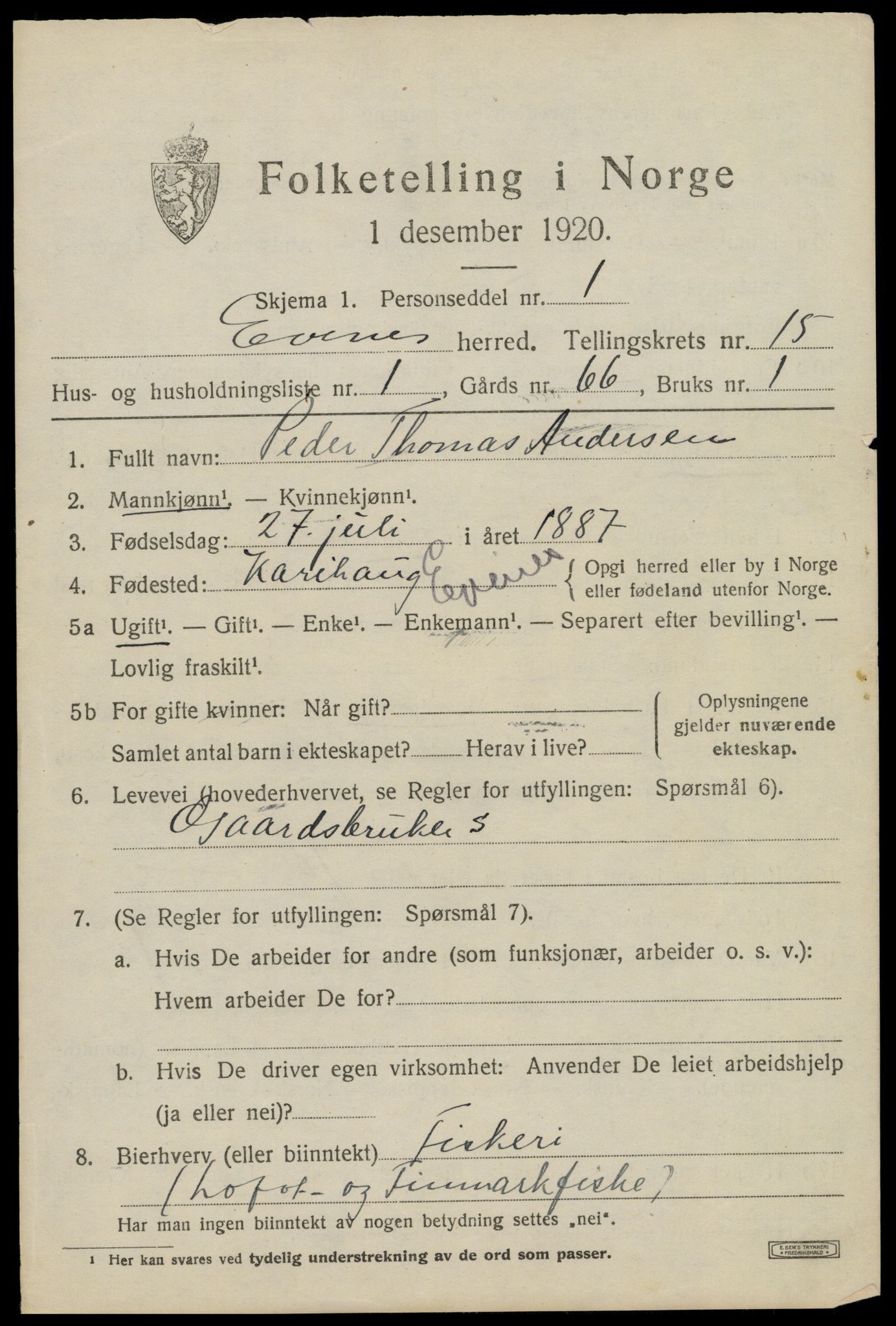 SAT, 1920 census for Evenes, 1920, p. 12746