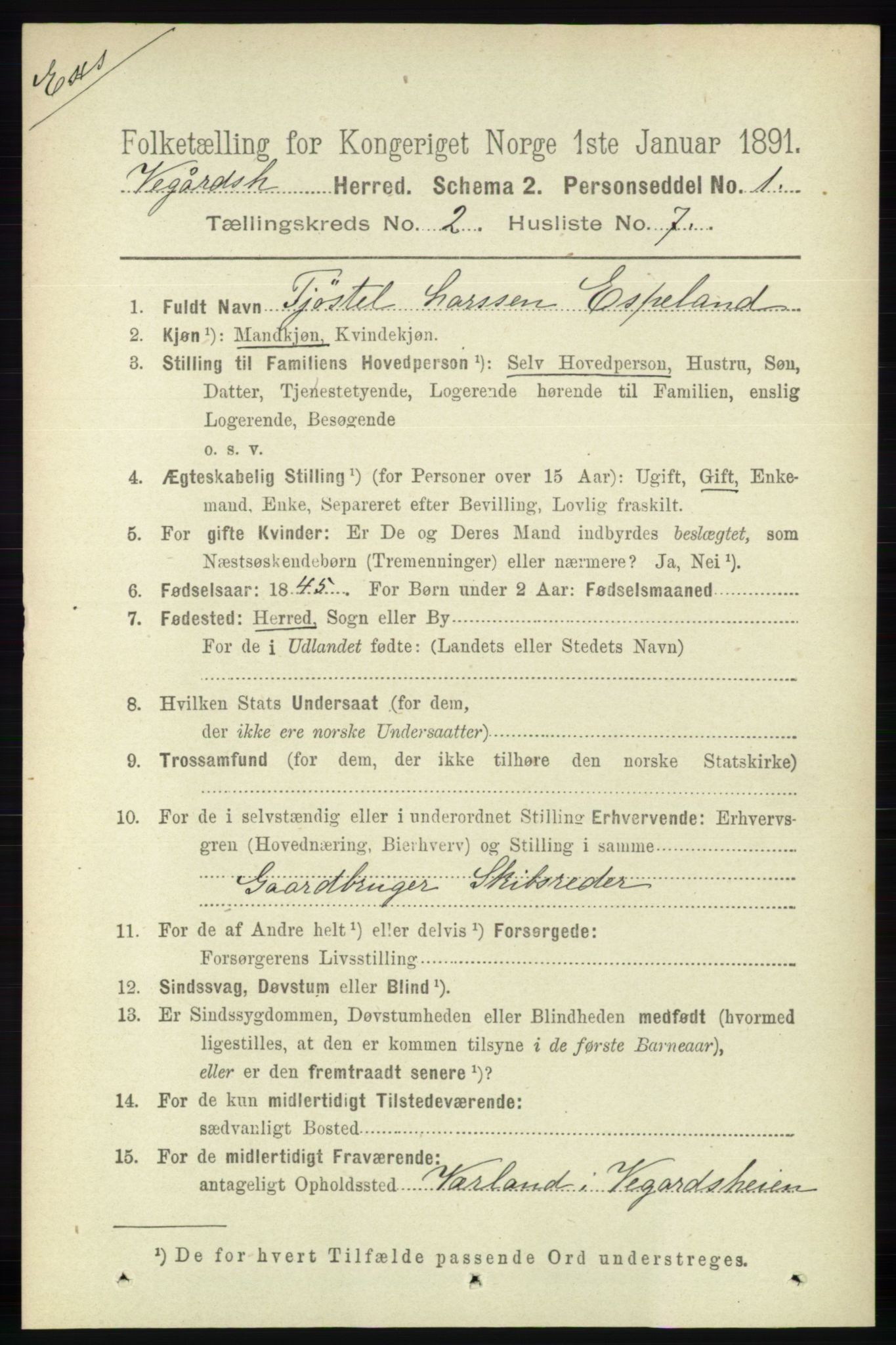 RA, Census 1891 for Nedenes amt: Gjenparter av personsedler for beslektede ektefeller, menn, 1891, p. 5