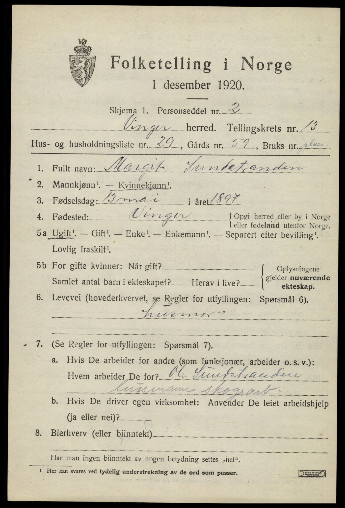 SAH, 1920 census for Vinger, 1920, p. 11374