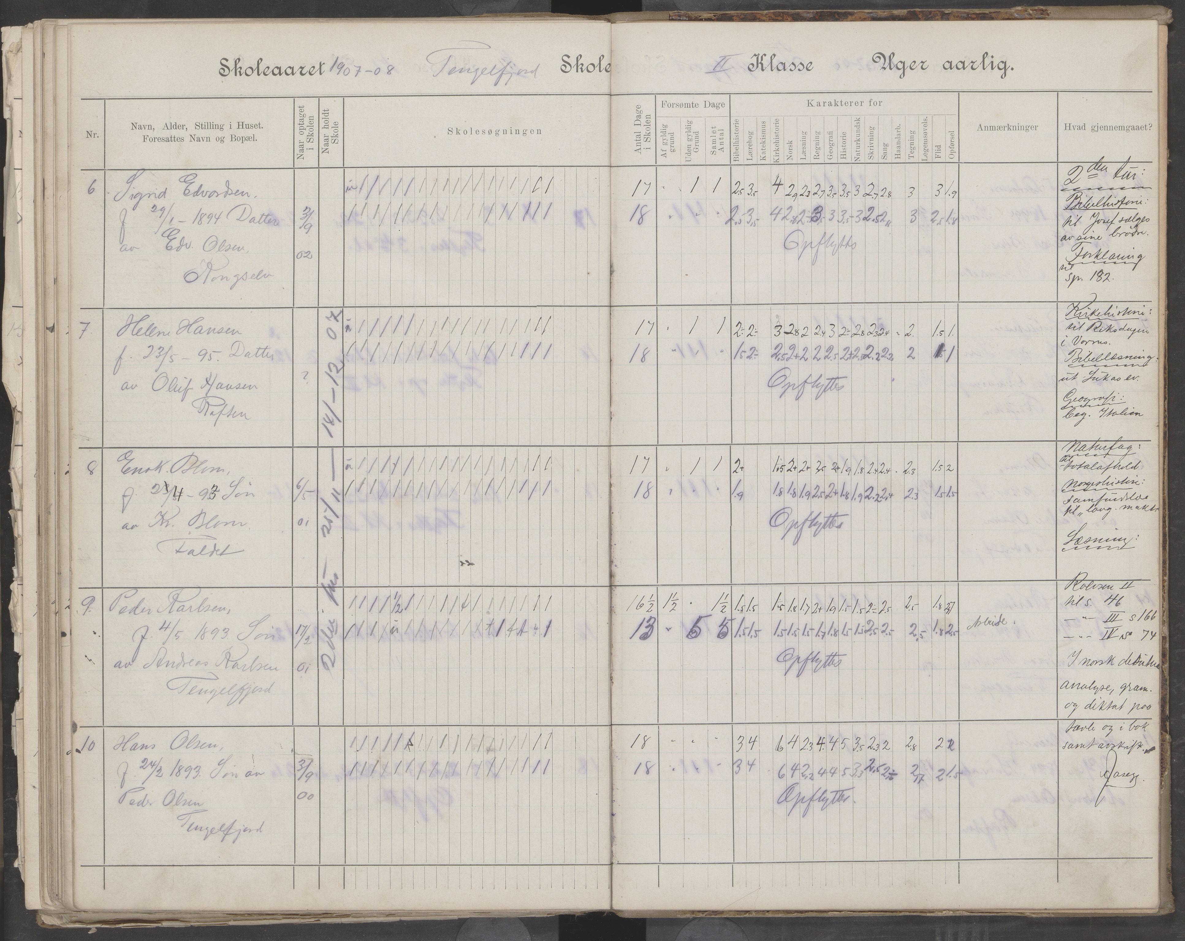 Hadsel kommune. Tengelfjord skolekrets, AIN/K-18660.510.04/G/L0001: Skoleprotokoll for Tengelfjord skole, 1899-1908