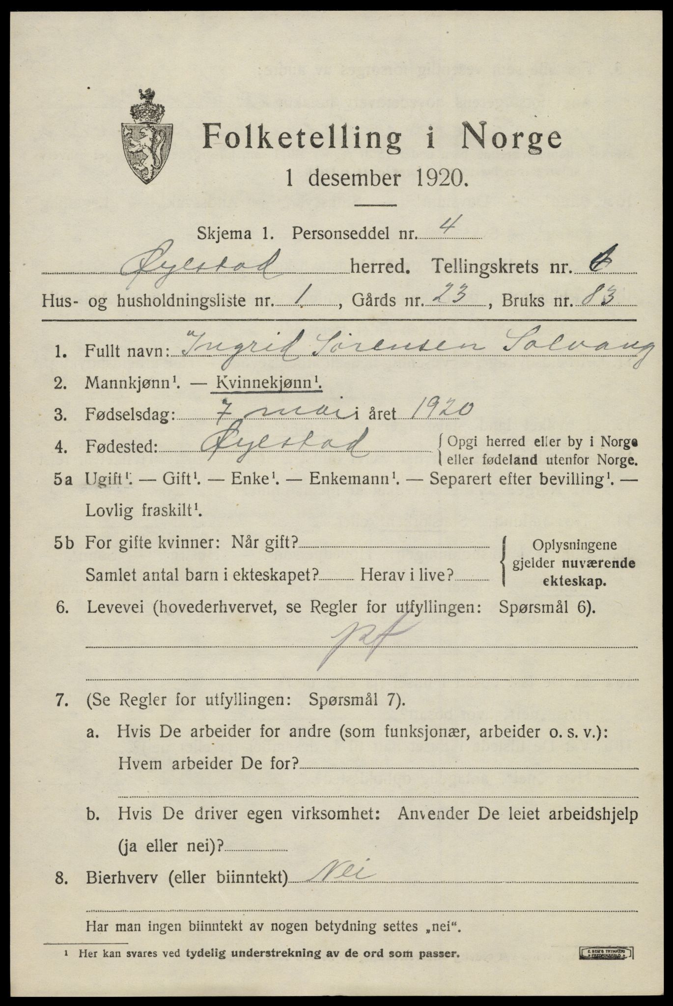 SAK, 1920 census for Øyestad, 1920, p. 4184