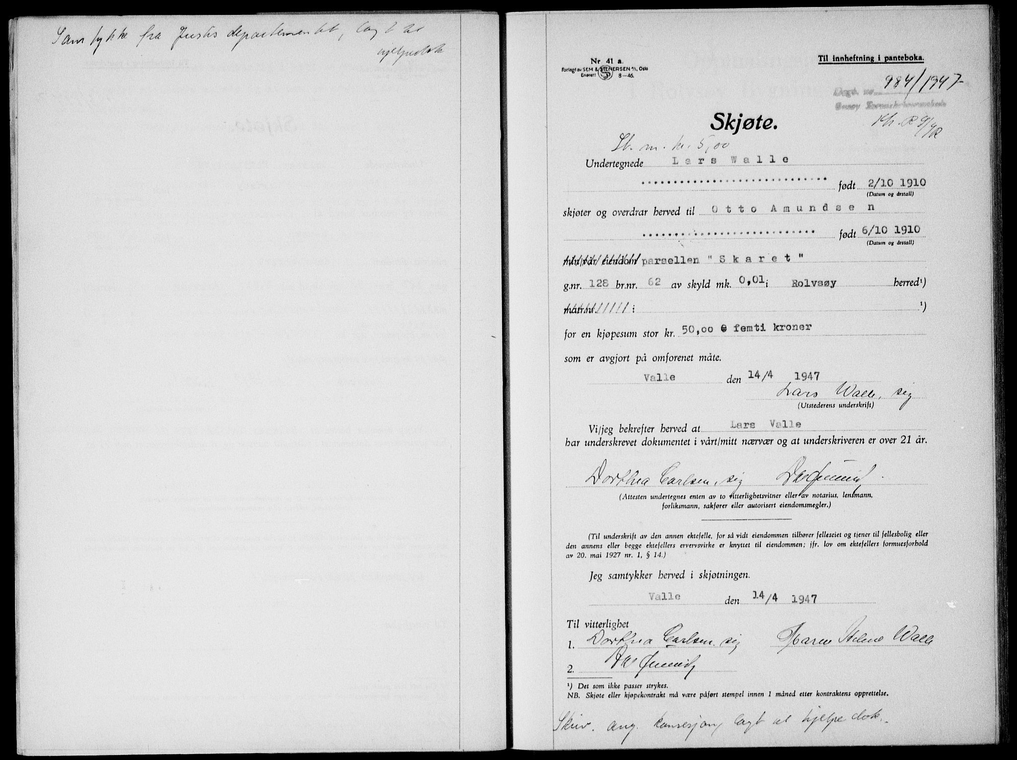 Onsøy sorenskriveri, SAO/A-10474/G/Ga/Gab/L0019b: Mortgage book no. II A-19 B, 1947-1947, Diary no: : 984/1947