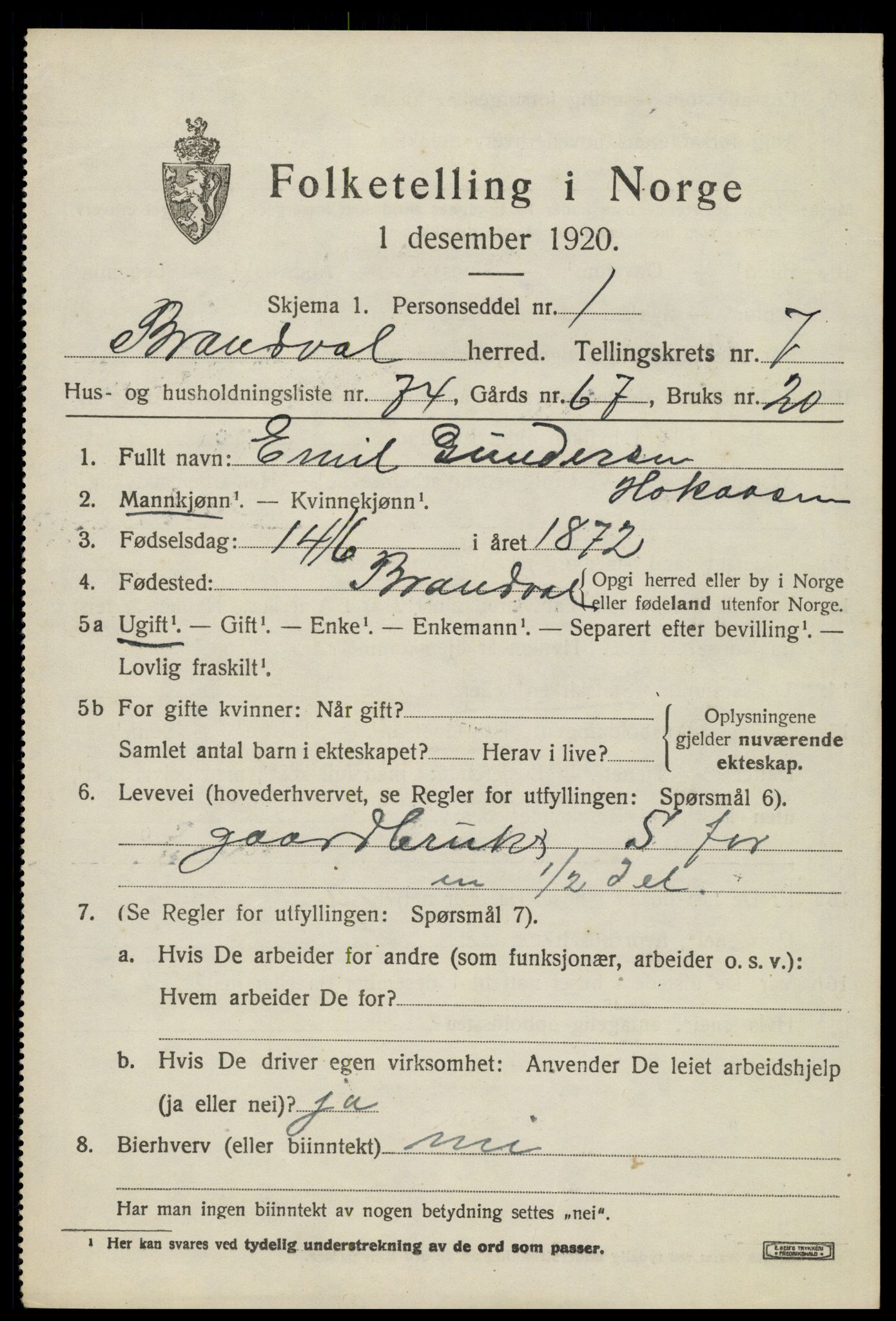 SAH, 1920 census for Brandval, 1920, p. 6630