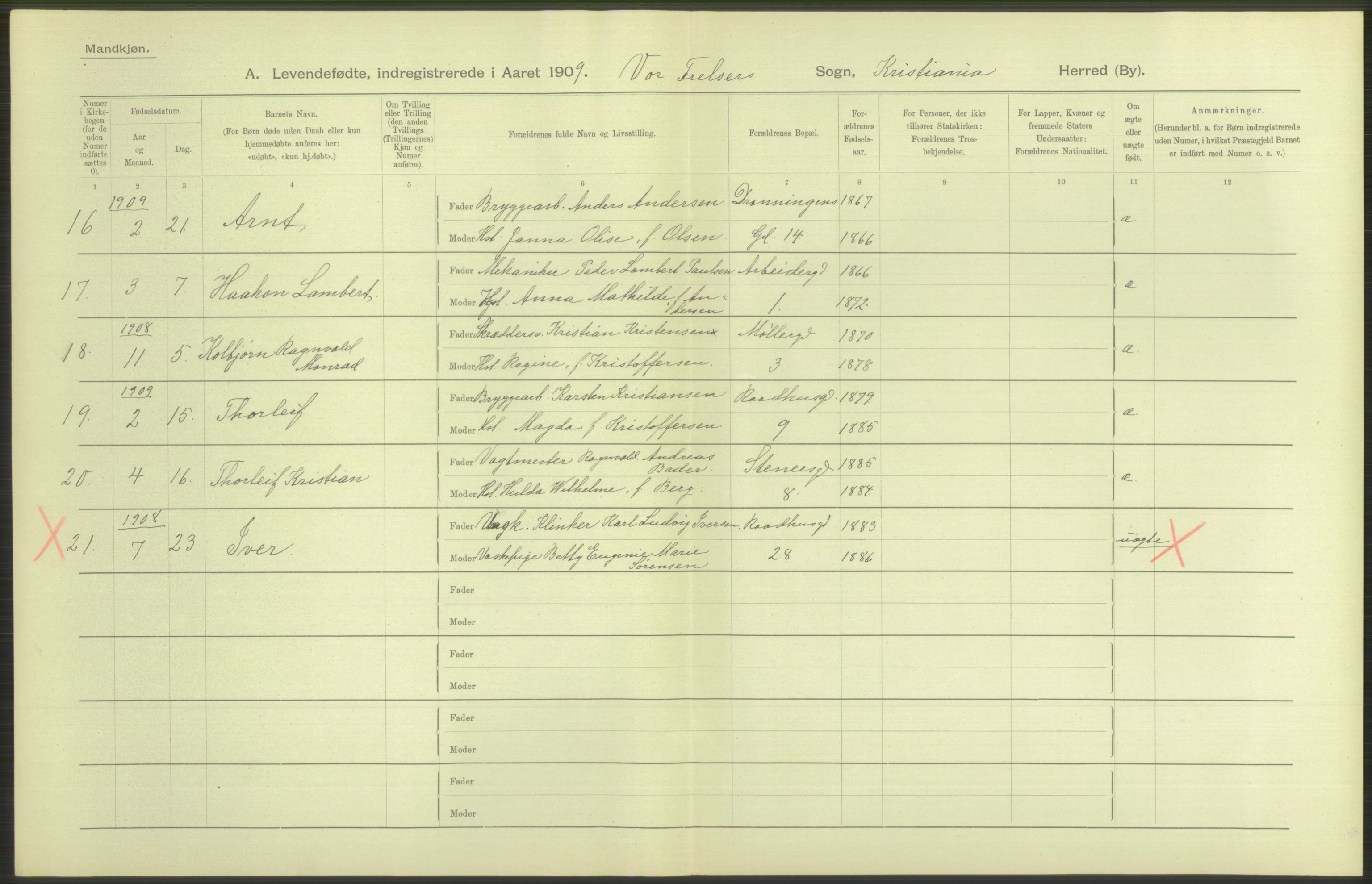 Statistisk sentralbyrå, Sosiodemografiske emner, Befolkning, AV/RA-S-2228/D/Df/Dfa/Dfag/L0007: Kristiania: Levendefødte menn og kvinner., 1909, p. 118