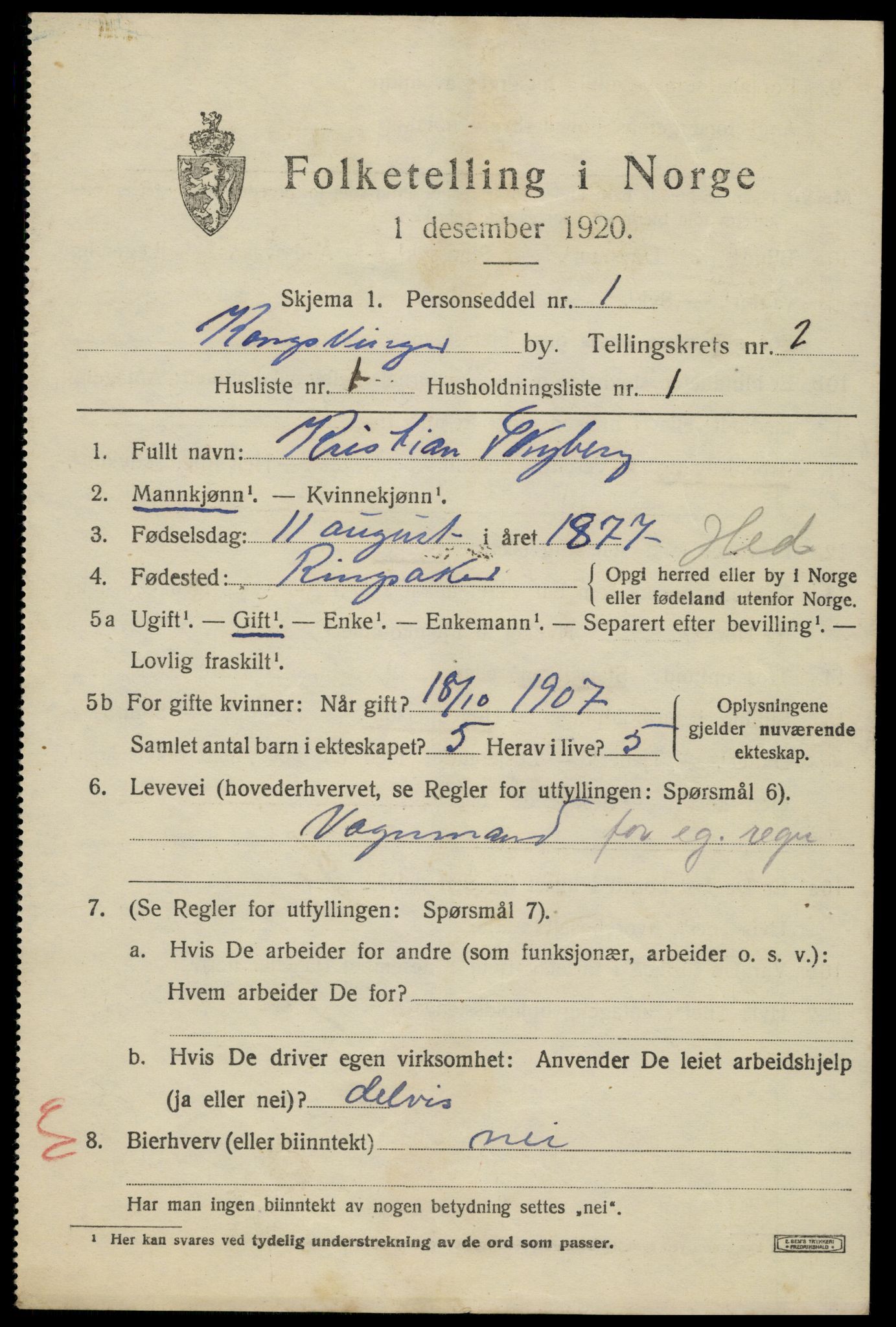 SAH, 1920 census for Kongsvinger, 1920, p. 3335